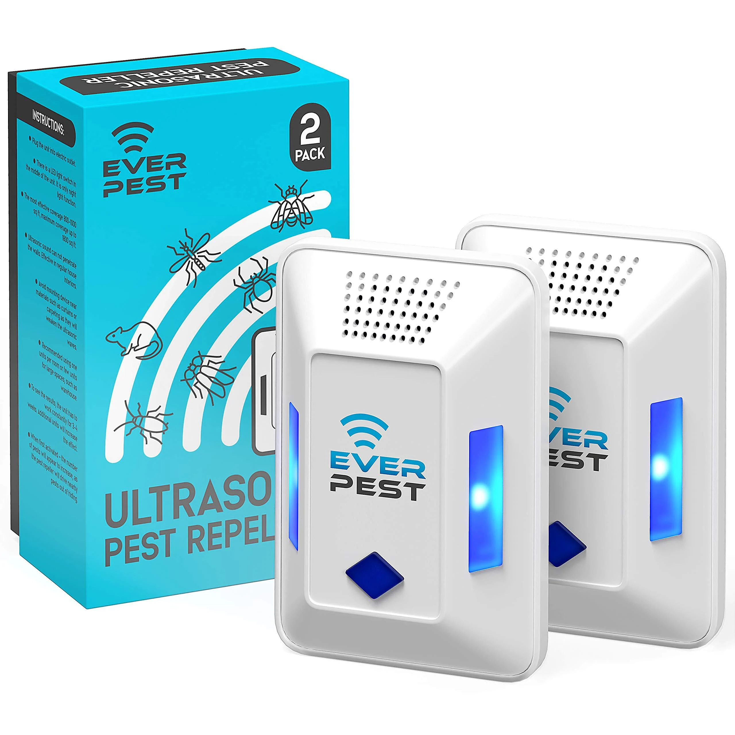 Ultrasonic Pest Repeller Plug in - Electronic Insect Electrical Control Defender 2 Pack - Roach Bed Bug Mouse Rodent Mosquito Killer - Indoor Reject Repellent - for Cockroach Ant Spider Scorpion