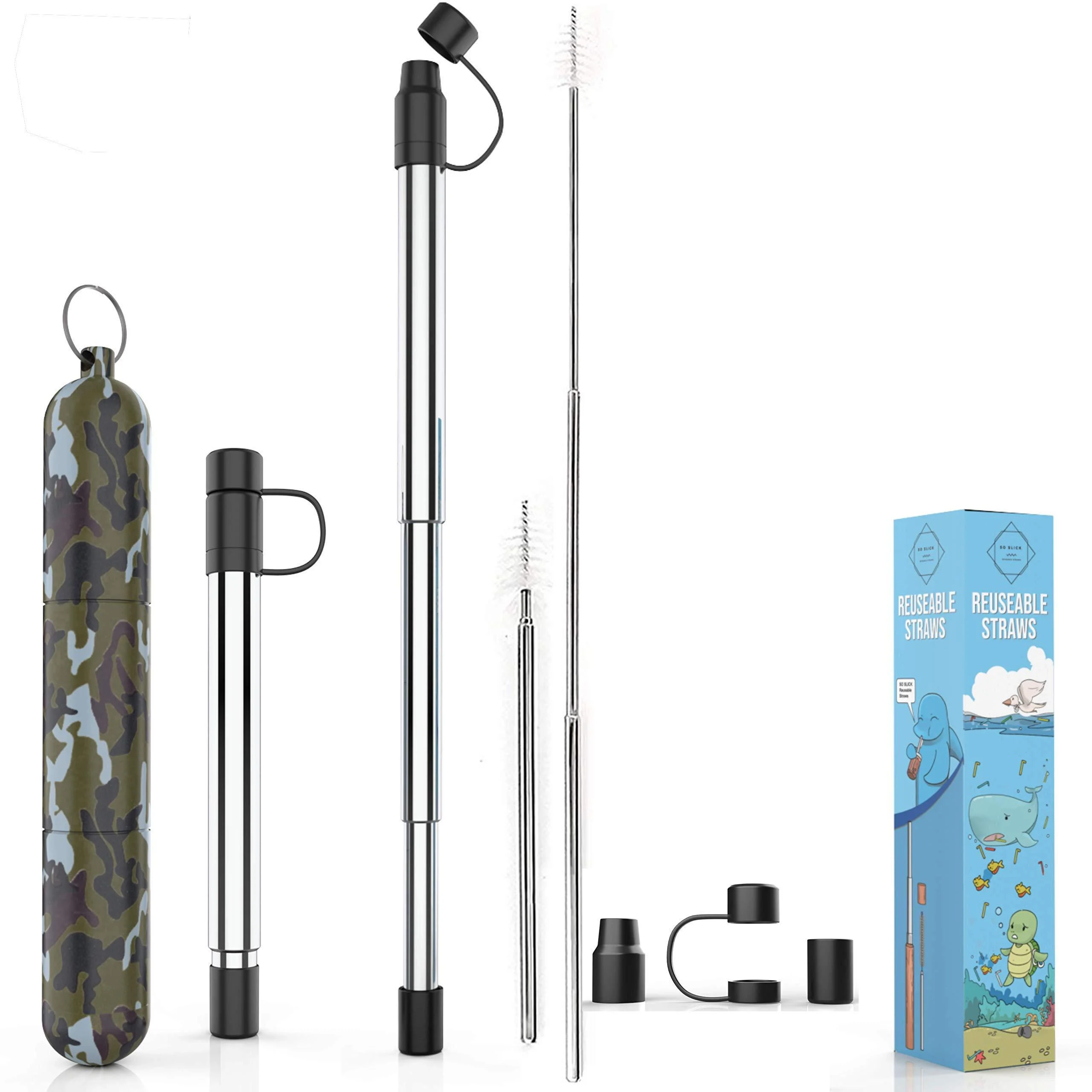 Reusable Straws I Stainless Steel Straws with Silicone Tips I Collapsible Straw Keychain Case and Straw Cleaning Brush I Portable Drinking Foldable Travel Straws with Case - KIKEVITE