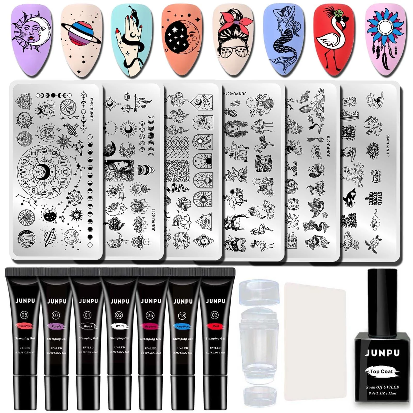 Gel Nail Stamping Kit Nail Stamp Gel Star Moon Nail Stamping Plate Stamping Gel French Tip Stamp with Scrapers Geometric Flamingo Mermaid Nail Stamper Kit Nail Art Stamp Plates Manicure Set - JUNPU