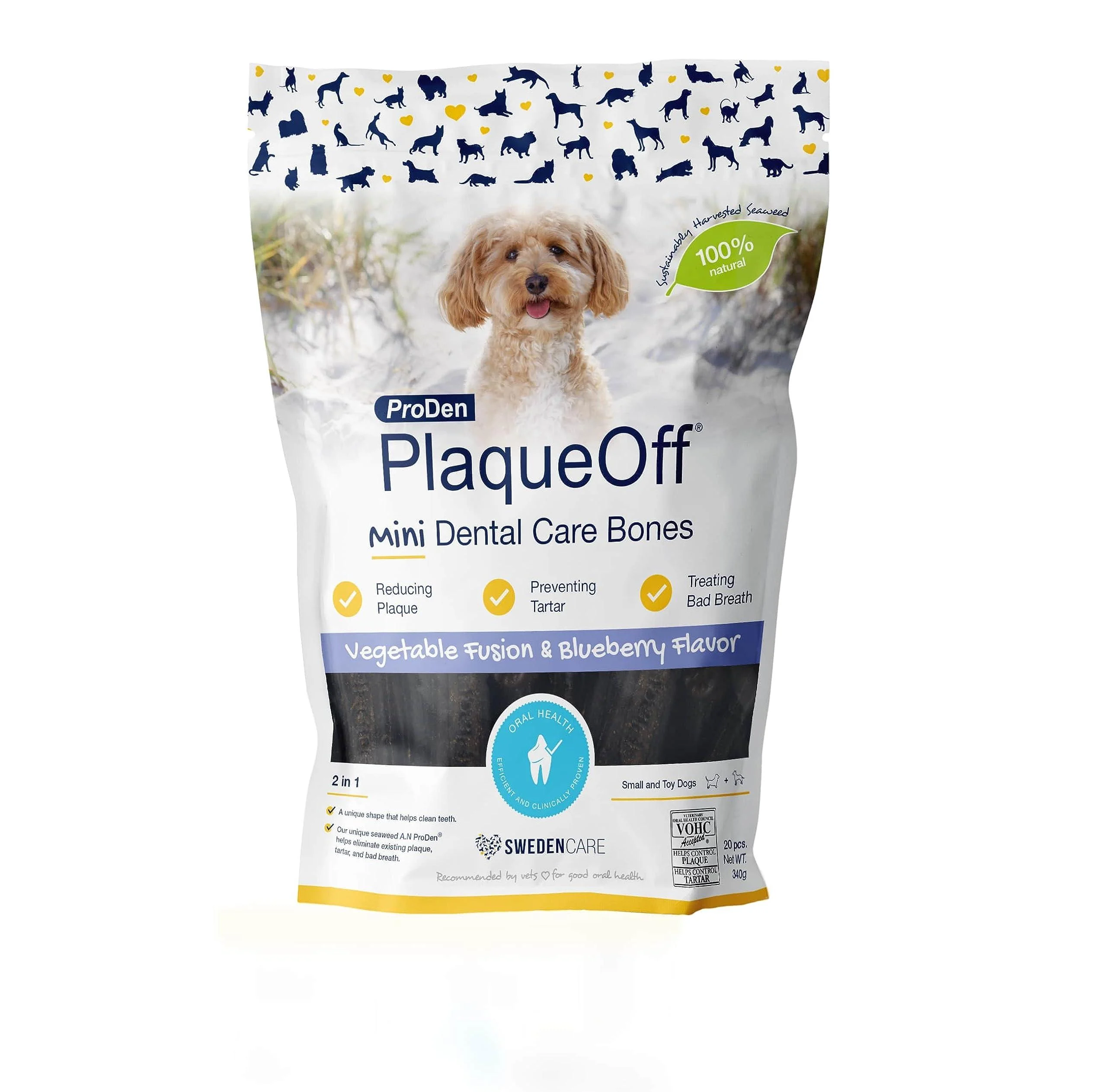 Swedencare UK ProDen PlaqueOff Mini Dental Bones Vegetable Fusion and Blueberry (Pack of 20 - 340 g) for Small and Toy Dogs Vegetable Fusion & Blueberry 17 g (Pack of 20)