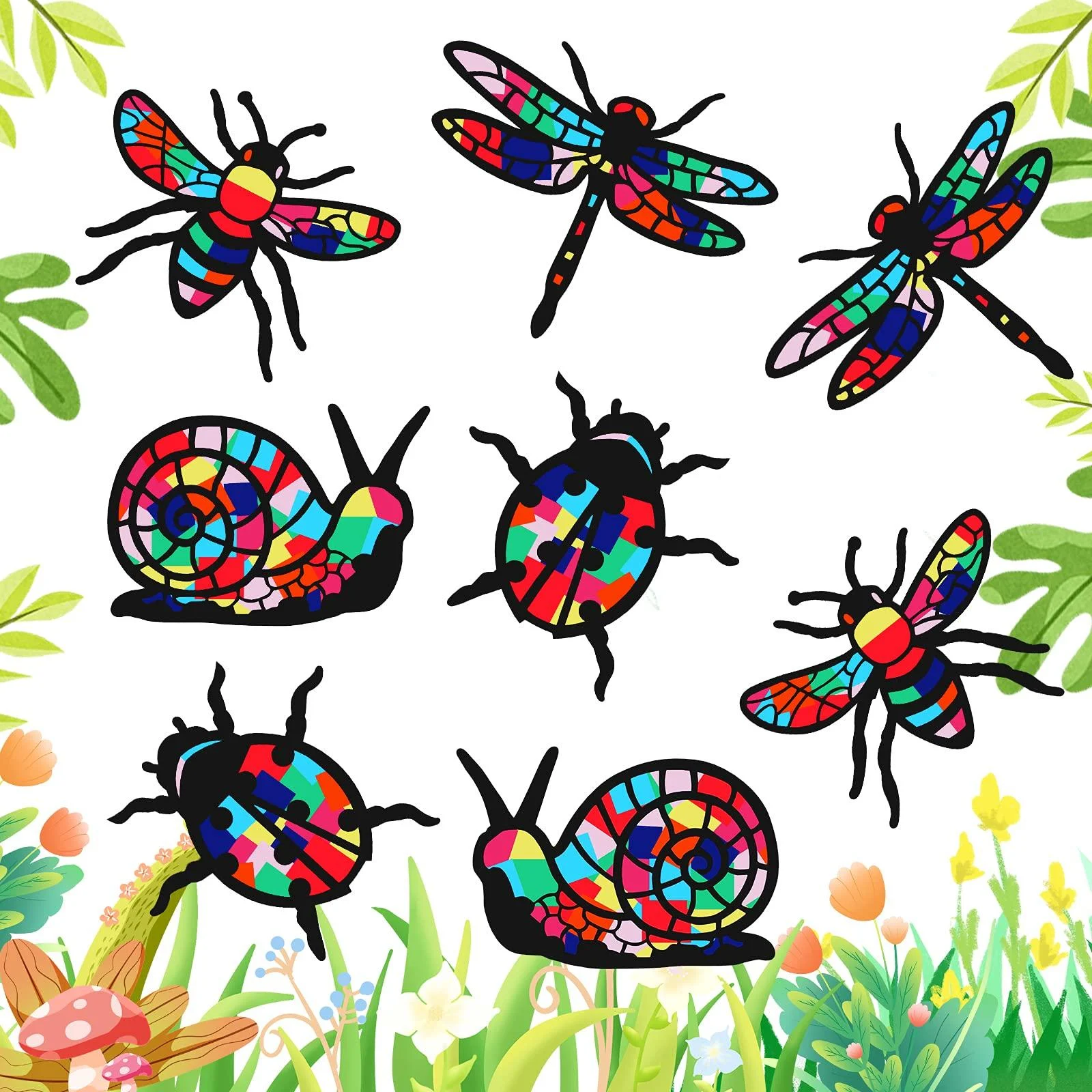 VXTRRI 8 Pieces Insect Suncatcher Kit for Kids DIY Stain Glass Kits Effect Paper Crafts (8 Cutouts 16 Tissue Papers) for Kids Window Art Classroom Art Crafts Birthday Gift Toys Party Favors