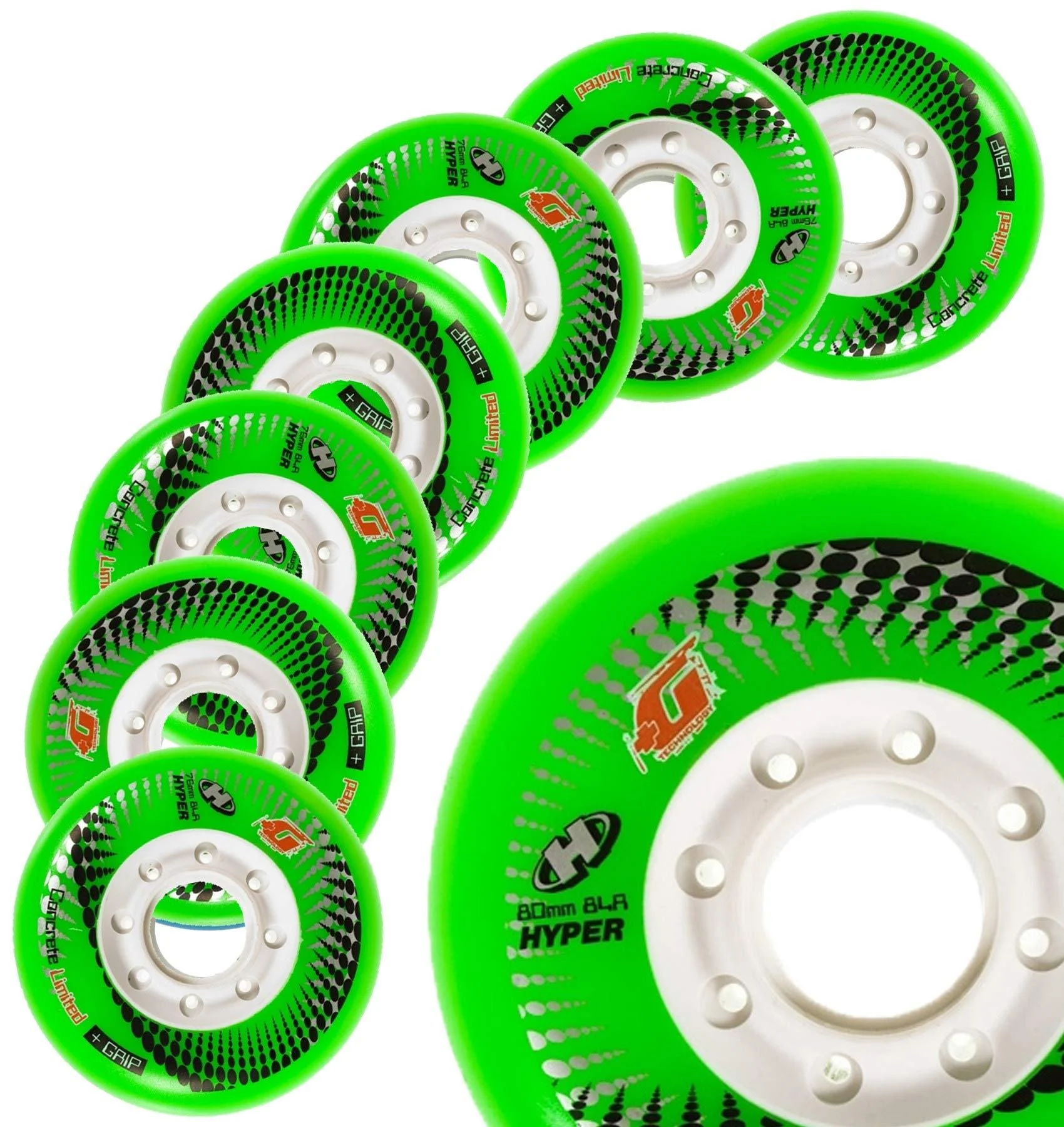 Hyper Wheels Concrete +G - 8 Wheels - 84A - N1 Inline Skate Wheels in The World - 80MM, 76MM, 72MM Sizes - for Fitness, Freeride, Slalom, Urban GREEN 76MM