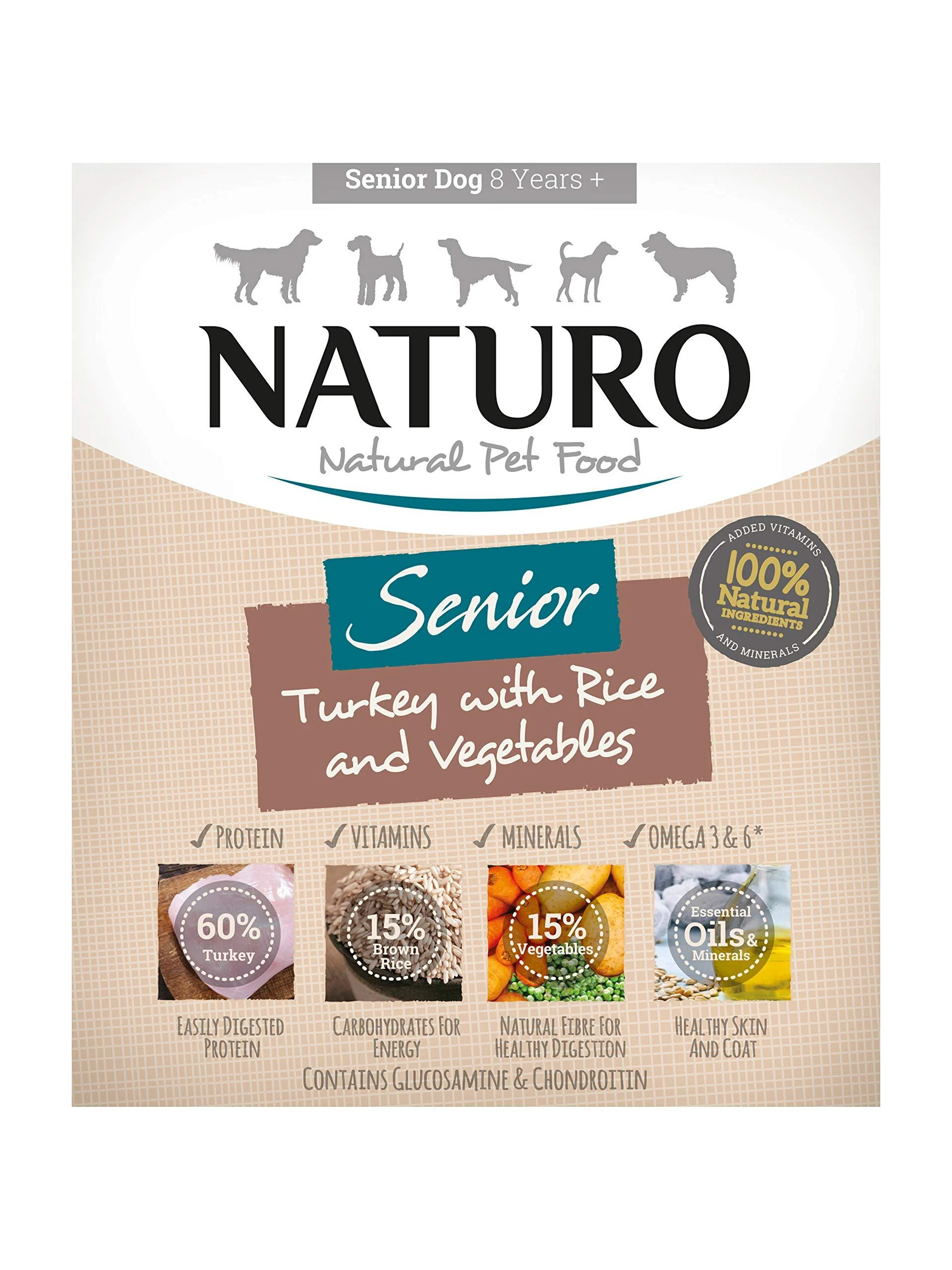 Naturo - Food for Senior Dogs with Turkey Rice and Vegetables - Pack of 7 x 400 g - Total 2800 g