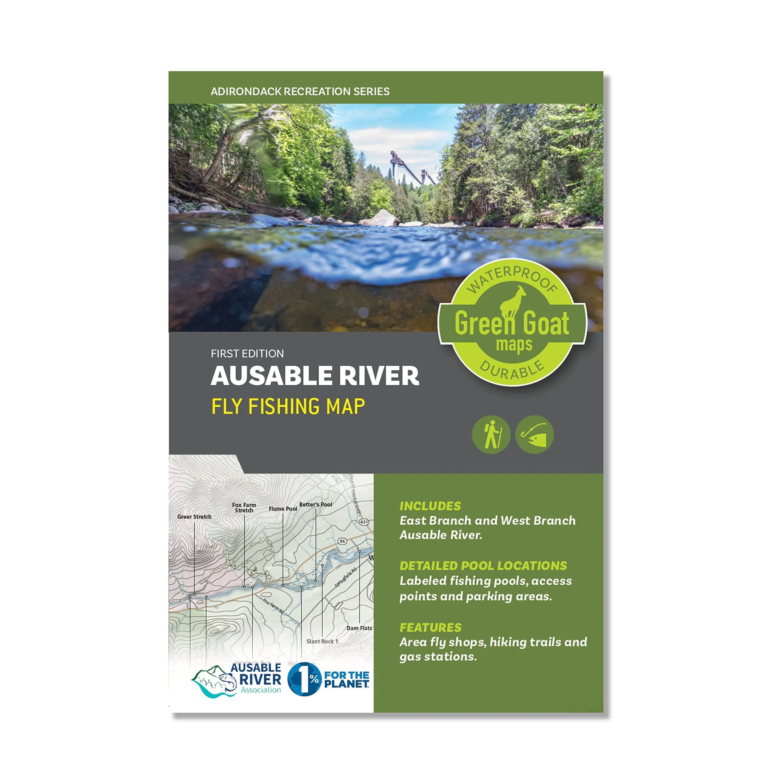 Ausable River Fly Fishing Map | Adirondack High Peaks Map - East Branch and West Branch | Includes Fishing Pools and Nearby Ausable River Hiking Trails | Durable, Waterproof & Tear Resistant