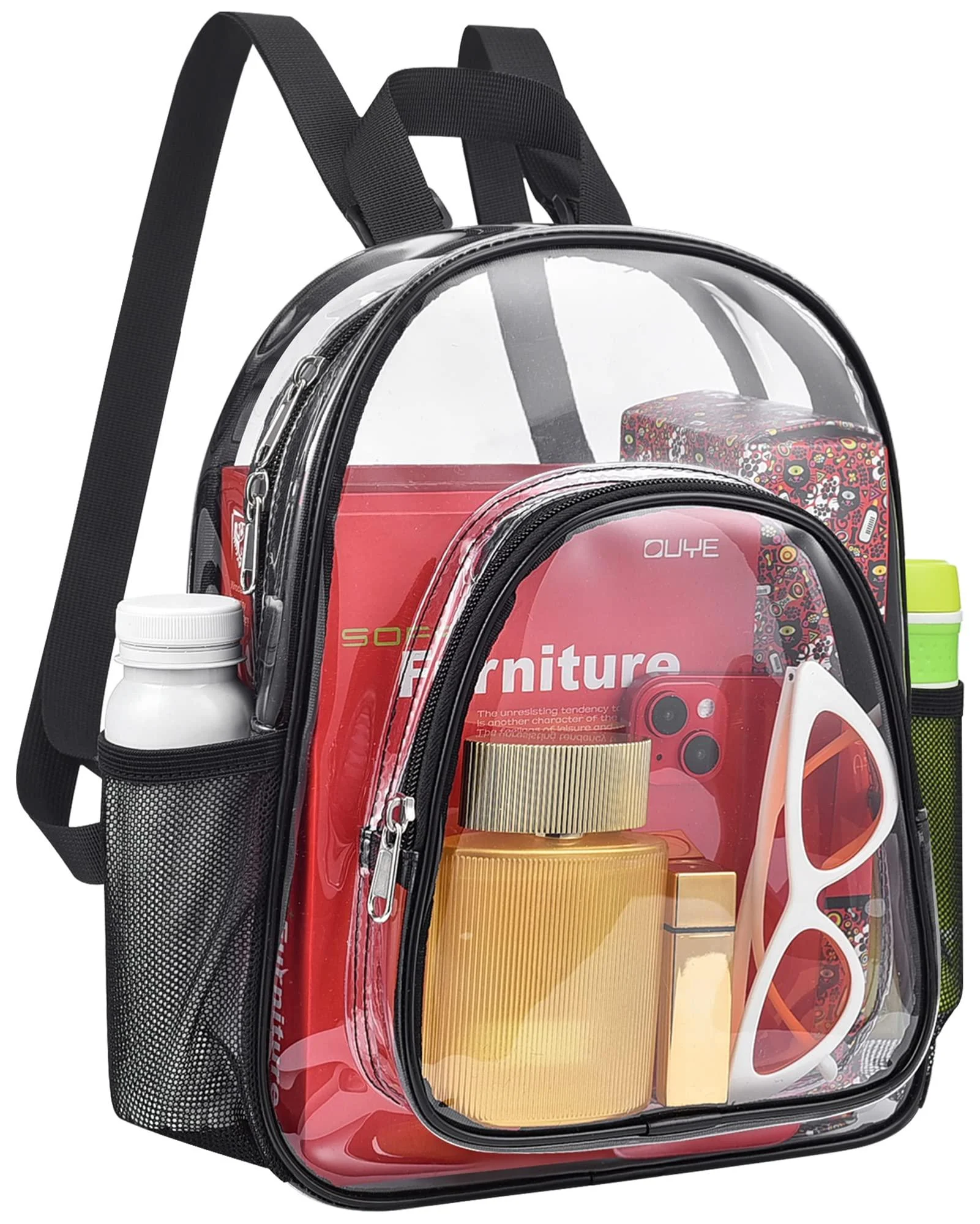 Lyingflat Clear Backpack Stadium Approved 12126, Small Clear Backpack with Water Bottle Pouch, Clear Mini Backpack for School Concert Sport Events Work Travel -Black