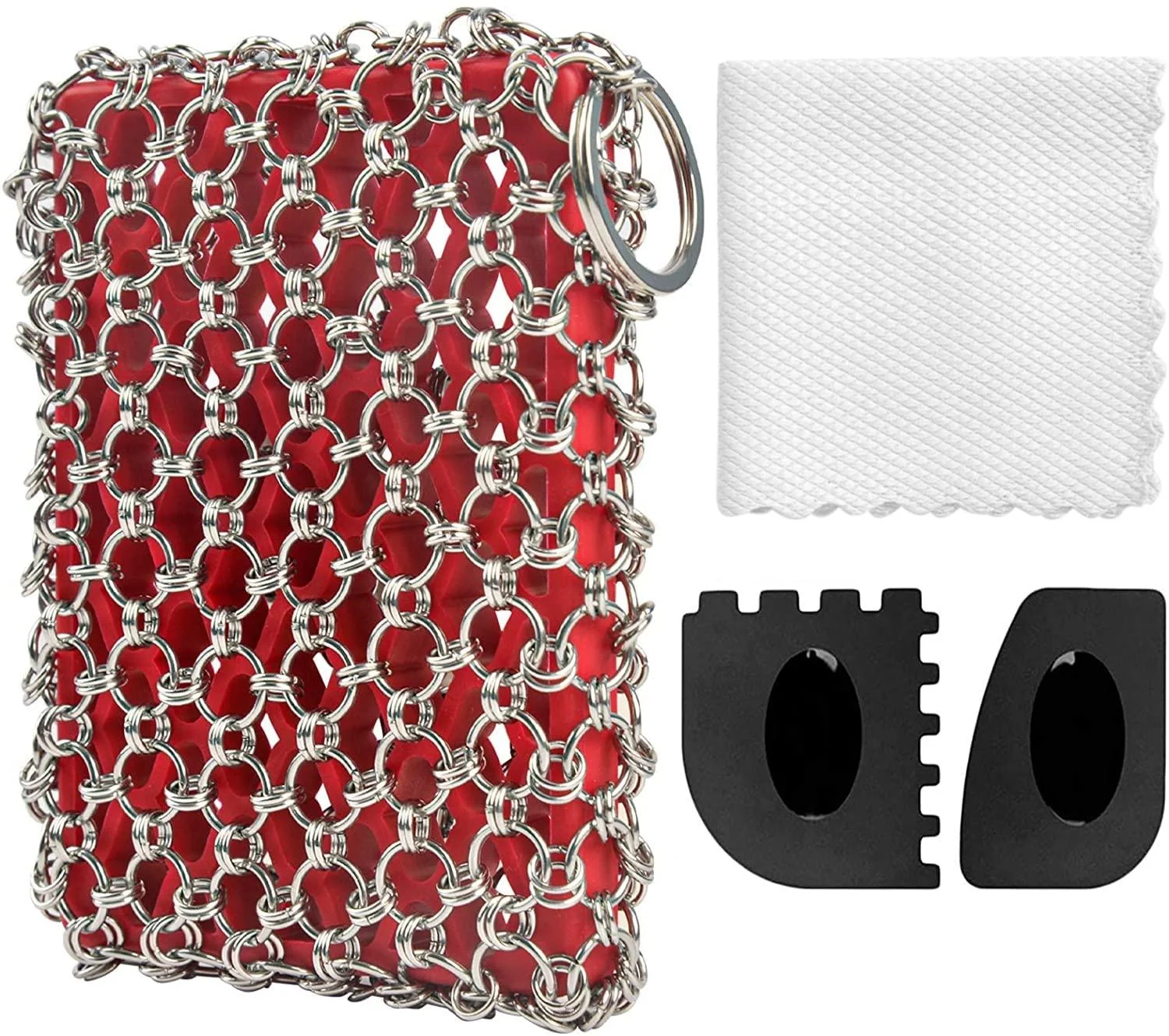 4 Pack Cast Iron Cleaner - Cast Iron Scrubber Skillet Cleaner Chainmail Scrubber for Cast Iron Pans with Pan Scraper Grill Scraper Kitchen Towel Red