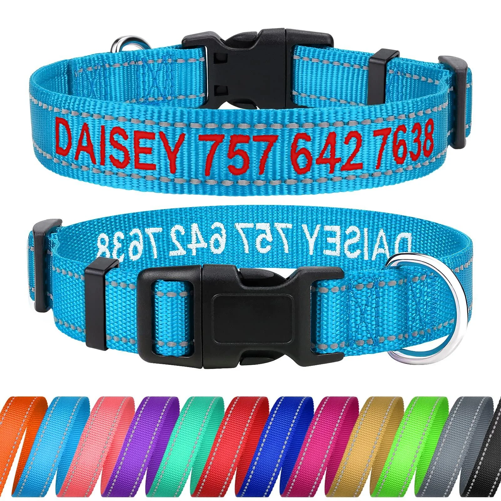 Tagme personalized dog collar for large dog with embroidered reflective nylon dog collar with pet name & telephone number sky blue l l (1 Pack) sky blue