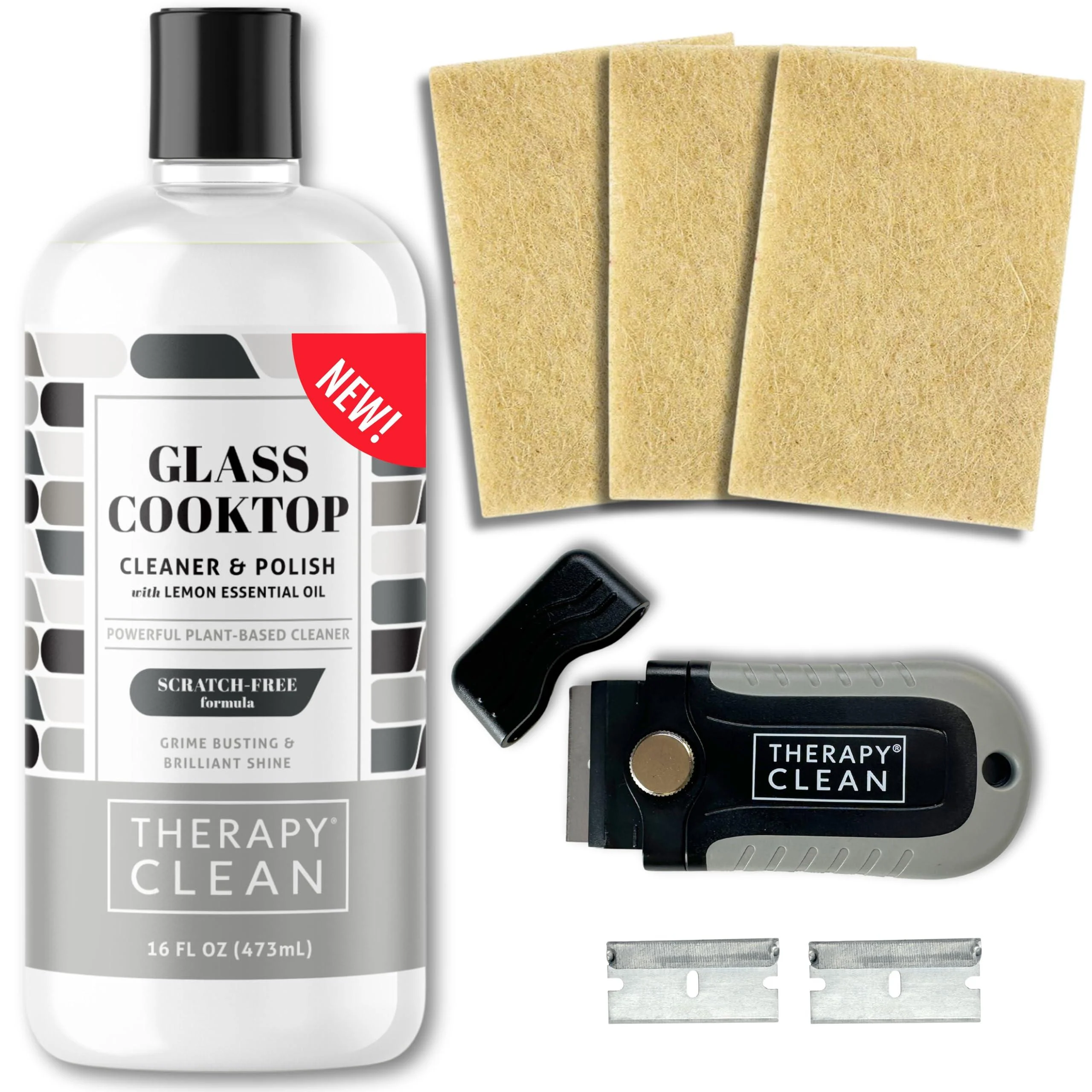 Therapy Glass Stovetop Cleaner and Cooktop Cleaner Kit - 3 Non-Scratch Scrubbing Pads & Razor Scraper - Glass Stove Top Cleaner Cream for Oven Ceramic Electric Induction Flat Top Stovetop Gas