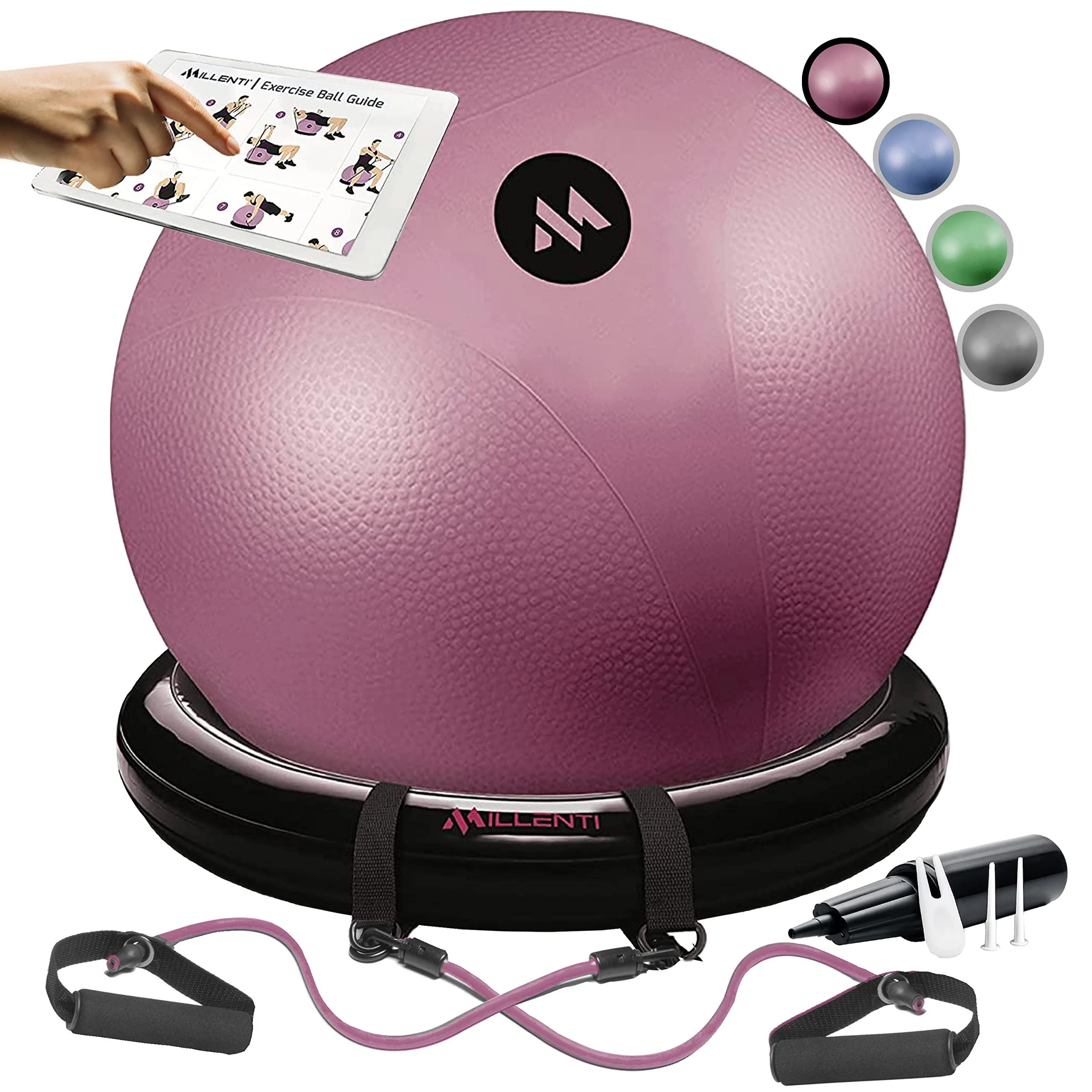 Millenti Exercise Ball Chair 65cm - Yoga Ball Chair Stability Base Ring Kit & Fitness Resistance Bands For Home, Gym Bundle, Pilates Ball, Office Chair, Birthing Ball For Pregnancy - With Workout Chart Pink Yoga Ball Chair