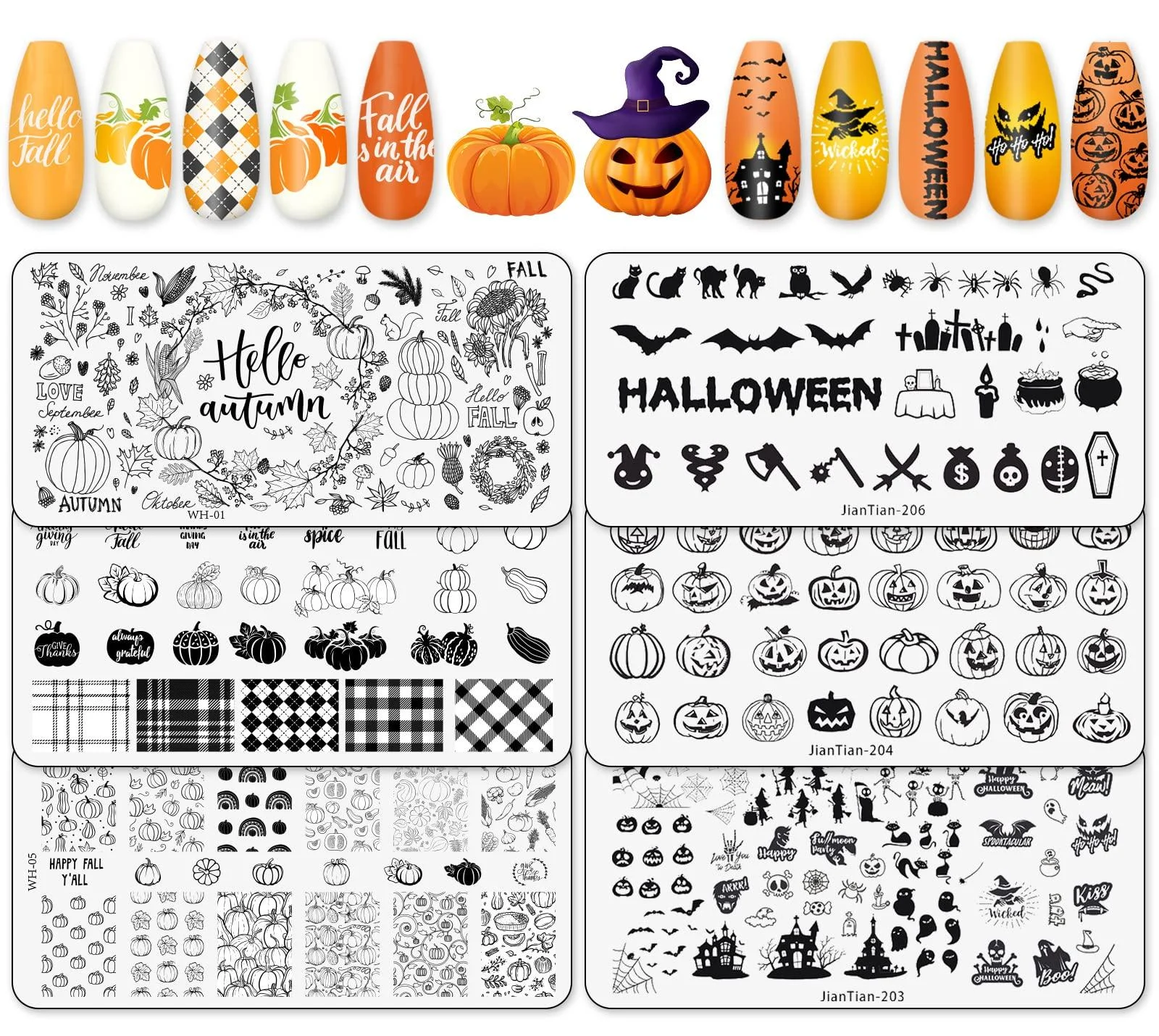 Whaline Fall Halloween Nail Art Stamping Plate Kit Autumn Pumpkin Ghost Plaid Design Nail Art Set for Fall Thanksgiving Halloween DIY Print Manicure Salon Set of 6 Fall & Halloween