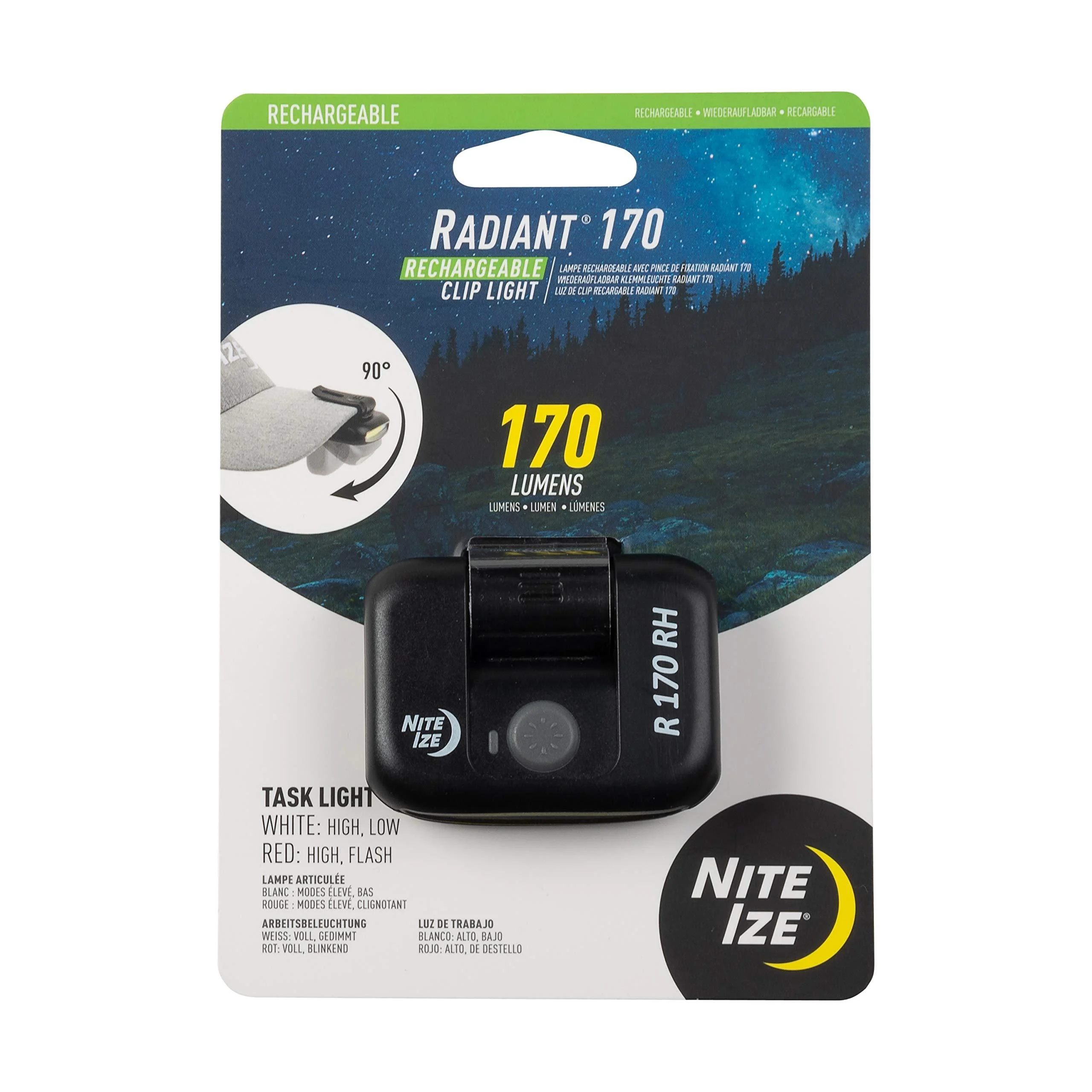 Nite Ize R170RC-01-R7 Radiant 170 Rechargeable Clip Strap and Cap Light, Black