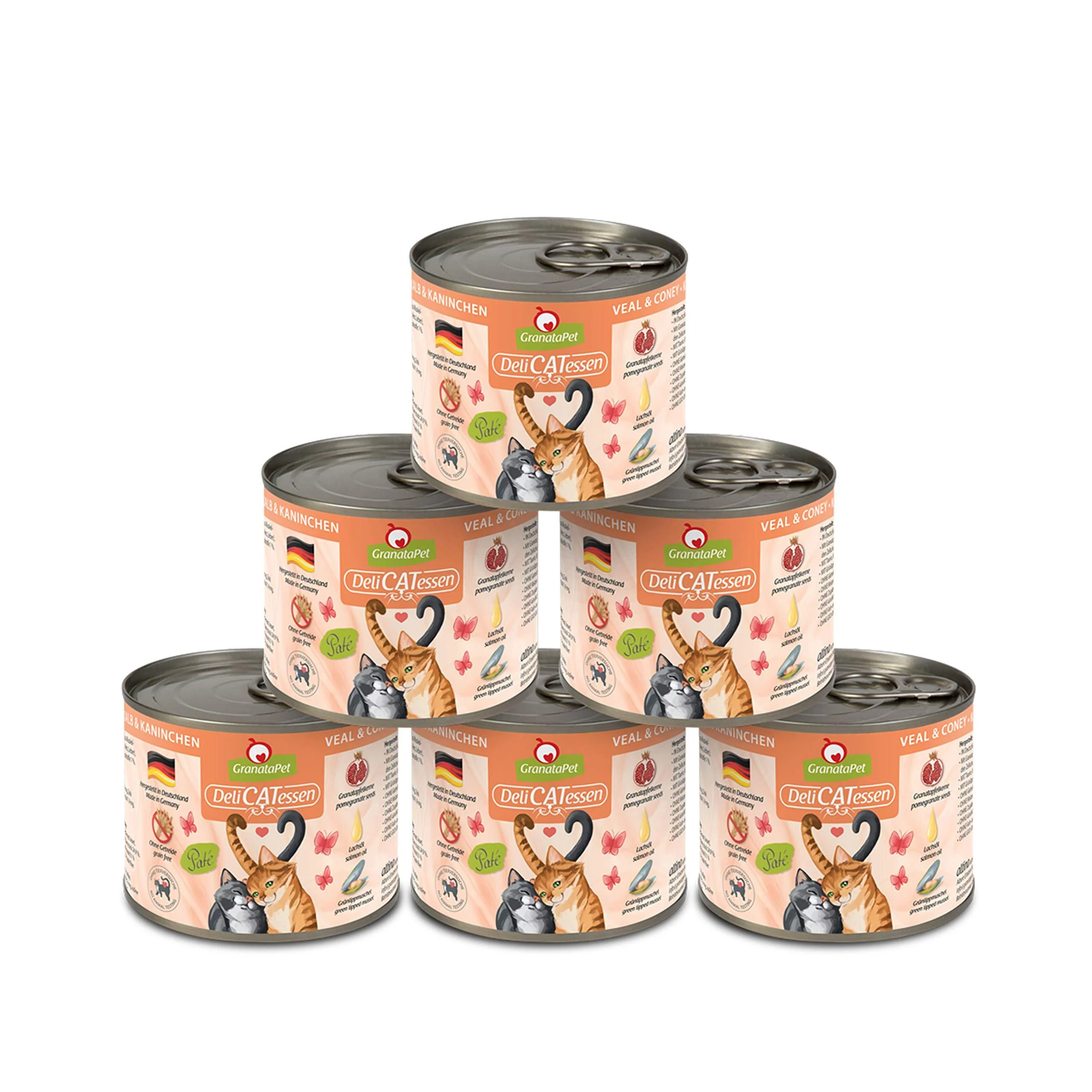 Granapet Delicatessen Kalb & rabbits wet food for cats cat food for gourmets food without grain & without sugar additives 6 x 200 g calf & rabbits 200 g (6 Pack) - GranataPet