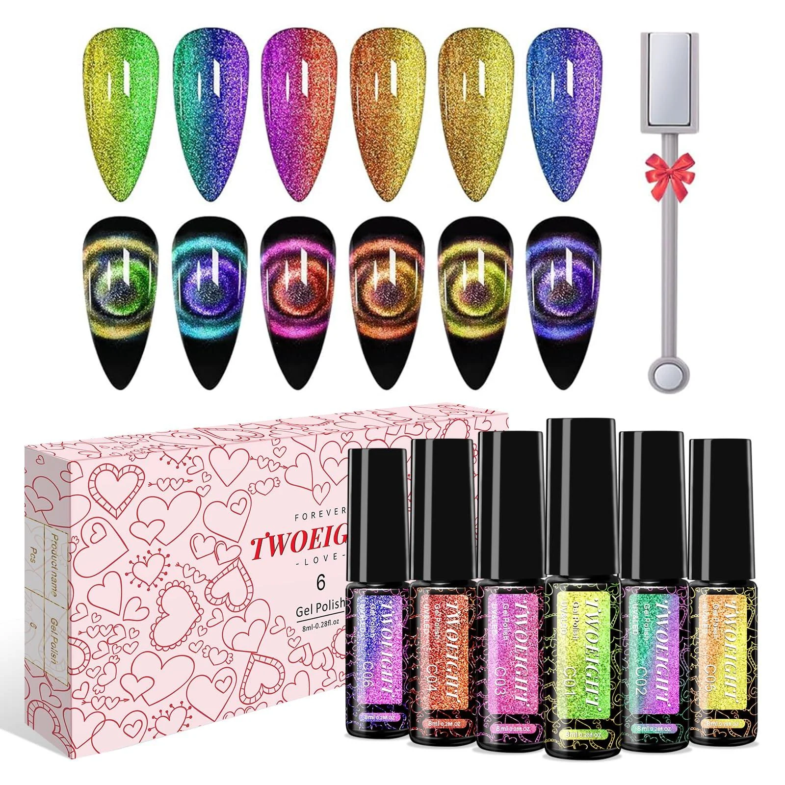 9D Cat Eye Gel Nail Polish Magnetic Cat Eye Gel Polish Set 8ml*6 with 1Magnets Classic Colors Chameleon Magic Galaxy Effect Soak off Nail Art - Sparkle Stunning Gel Polish Gift for Women
