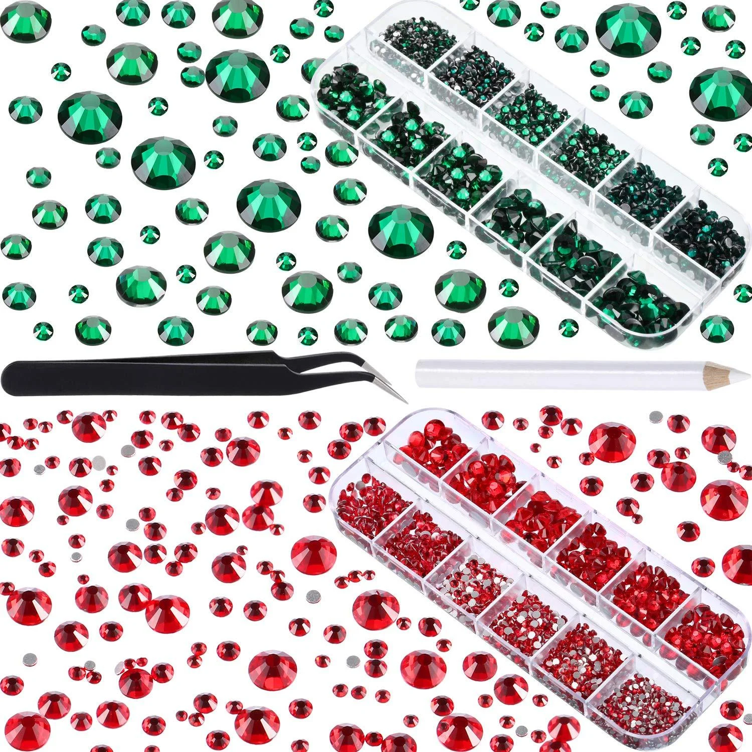 TecUnite 4000 Pieces Glass Flatback Gemstones Round Flat Back Rhinestones 6 Sizes 1.5 mm-6 mm in Box with Tweezer and Rhinestones Picking Pen for Nail Face Art (Peacock Green and Red)