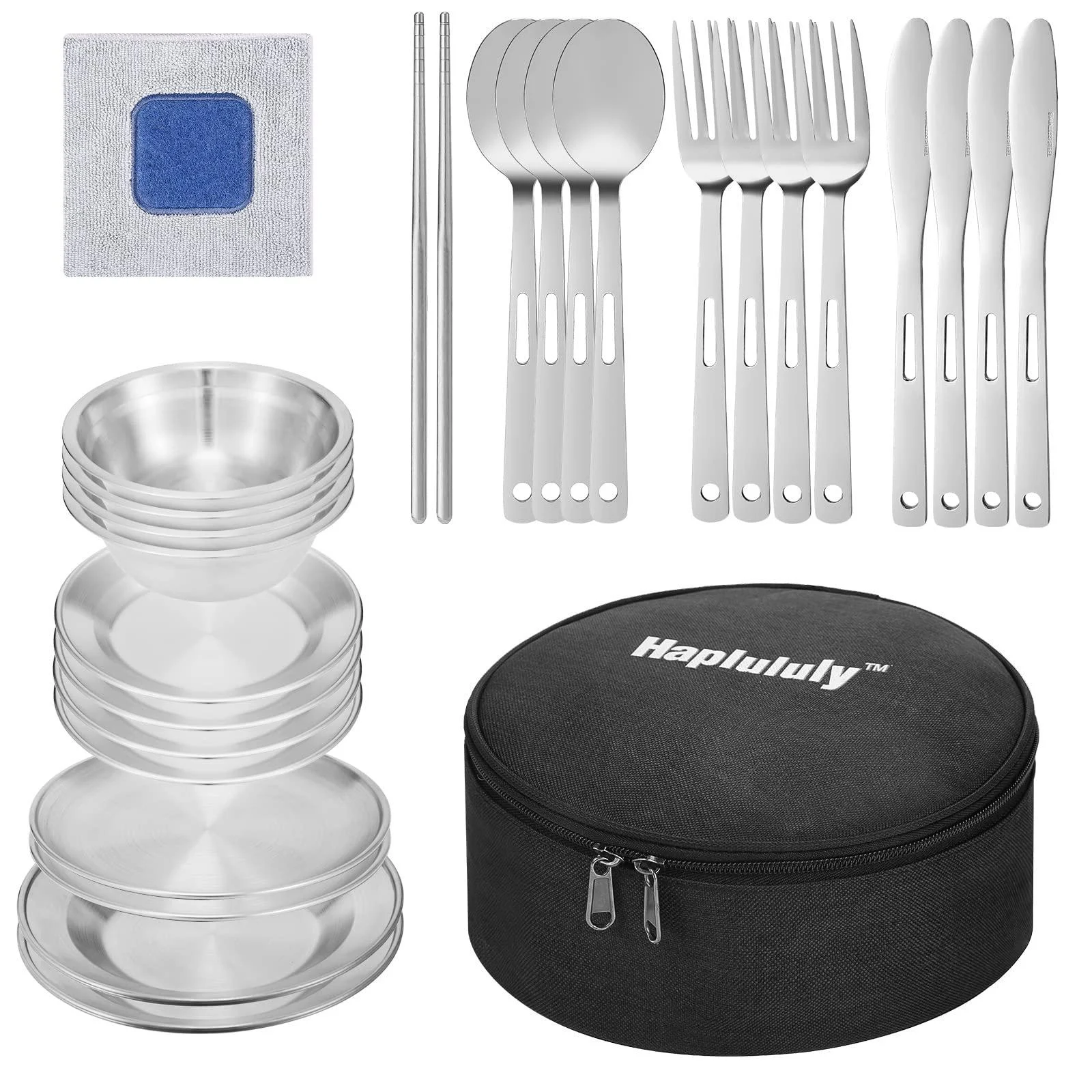 Camping Mess Kit, 28 Pcs Camping Accressories, Stainless Steel Camping Dishes Set Dinnerware for 4 Person Utensils Tableware with Plates, Bowl, Cutlery, Gloves, Rag,for Hiking Gear Picnic black - Haplululy