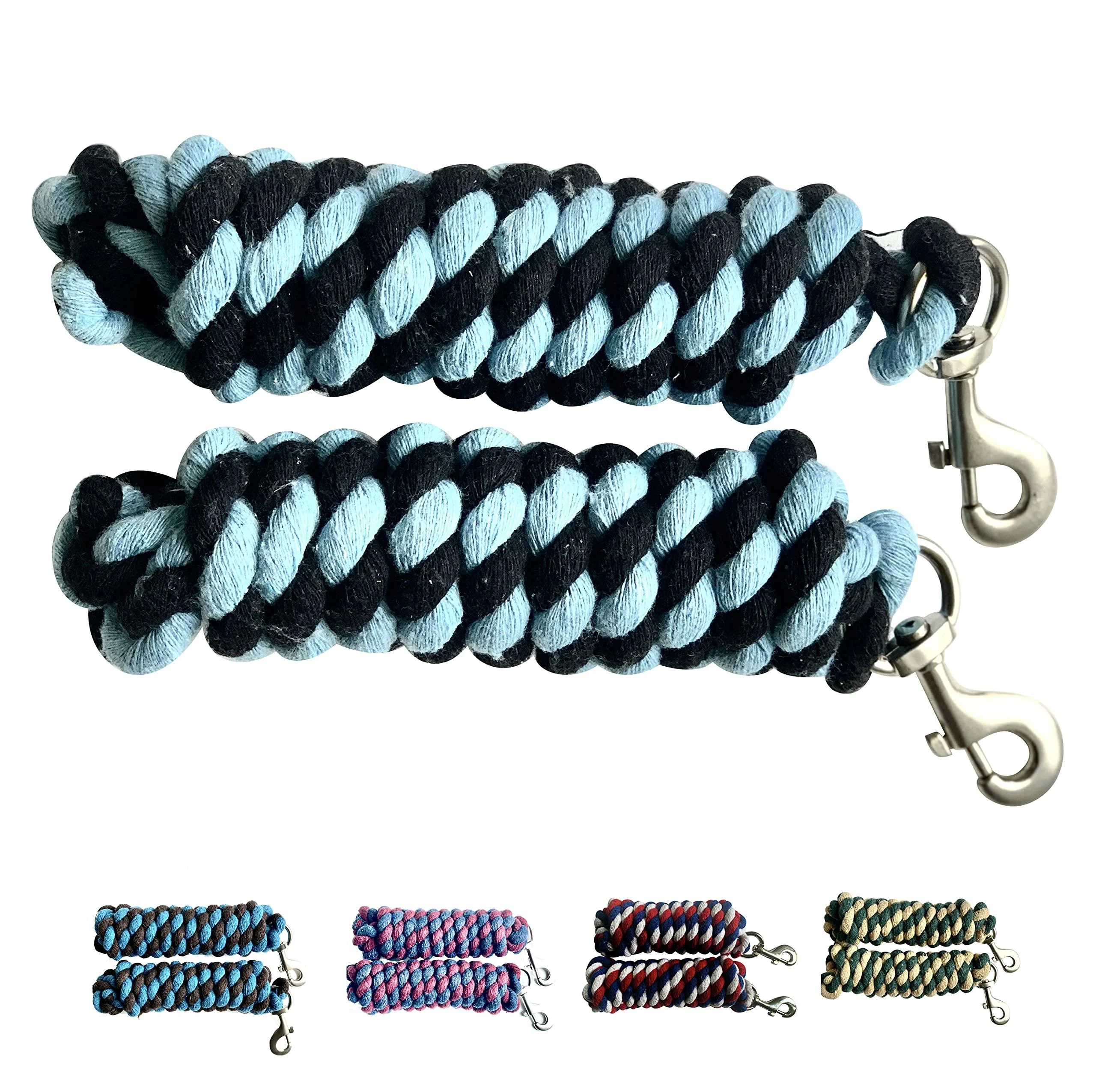 Majestic Ally Pack of 2 Solid Cotton Lead Rope for Horses & Livestock 10 Foot Long and 5/8 inch Thick - Replaceable Heavy-Duty Satin Bolt Snap Handmade Soft, Broken in Feel (Sky Blue - Black)