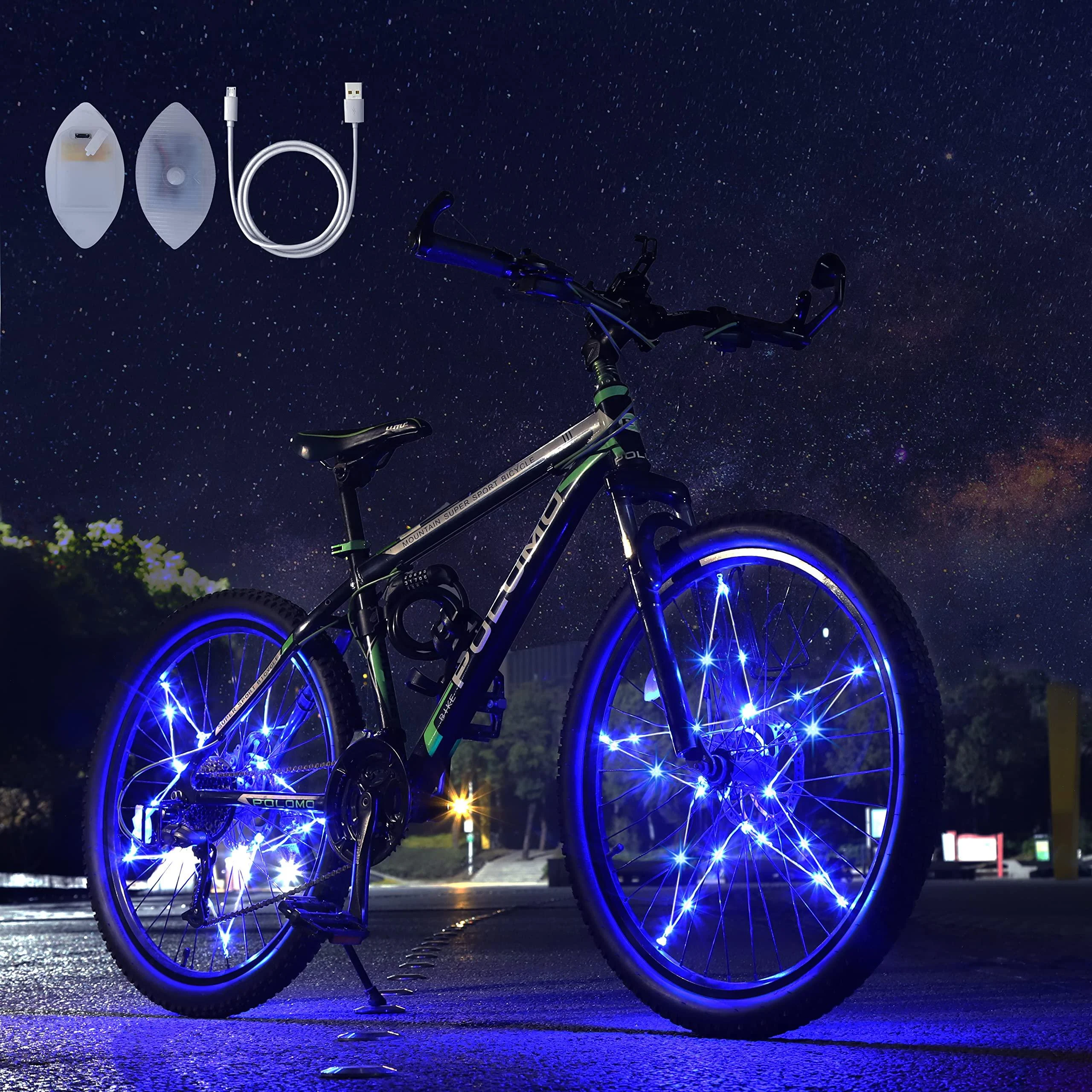 2 Pack Waterproof Bike Wheel Lights Rechargeable Bicycle Wheel Lights for Kids-30 Pcs Led Bike Tire Lights 100% PVC Plastic Film Wrapped Lights for Sun & Rain Protection Blue