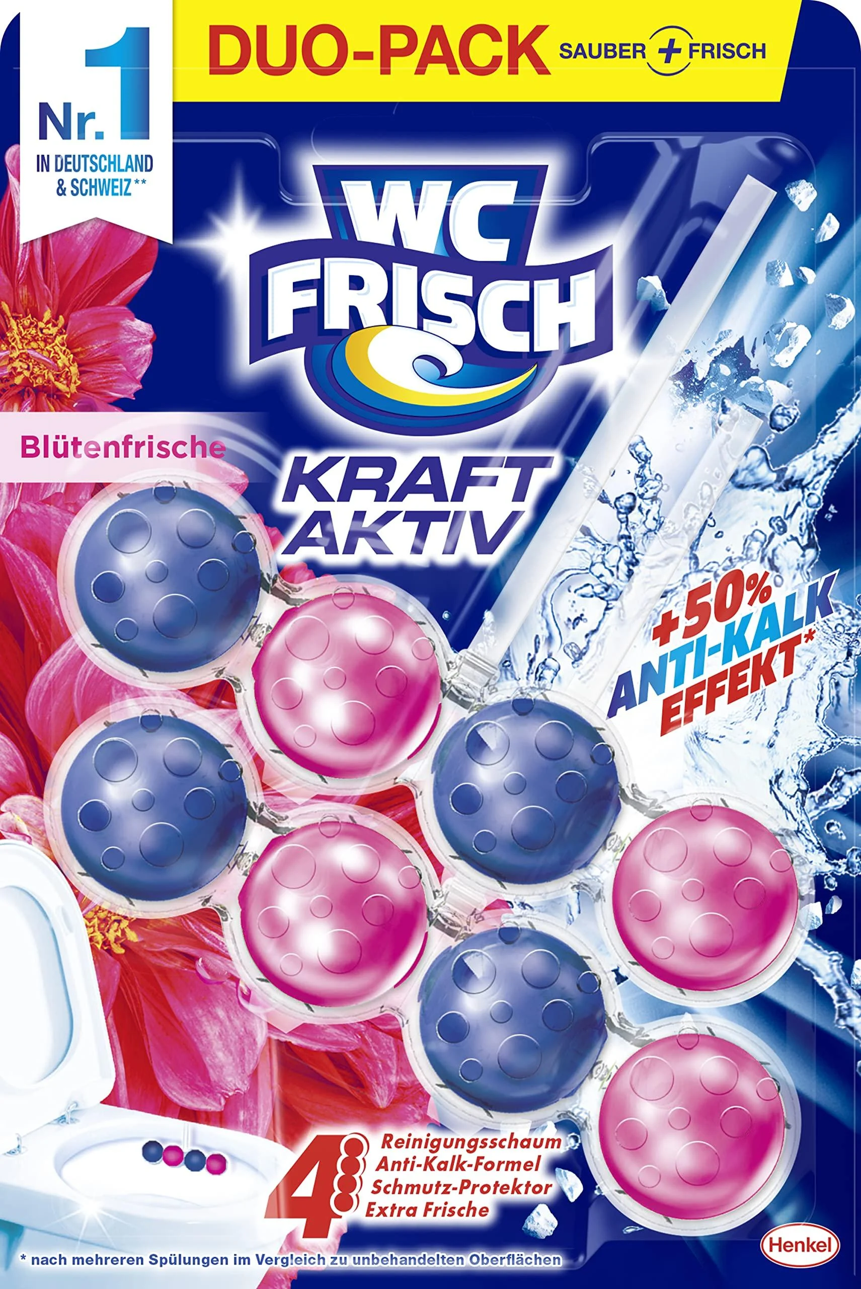Toilet-fresh power active fragrance base blossom fresh (2* 50 g) toilet cleaner for cleaning for every rinsing fragrance stones for long-lasting fresh fragrance + 50 % anti-lime effect* fresh 2 pieces (1 Pack)