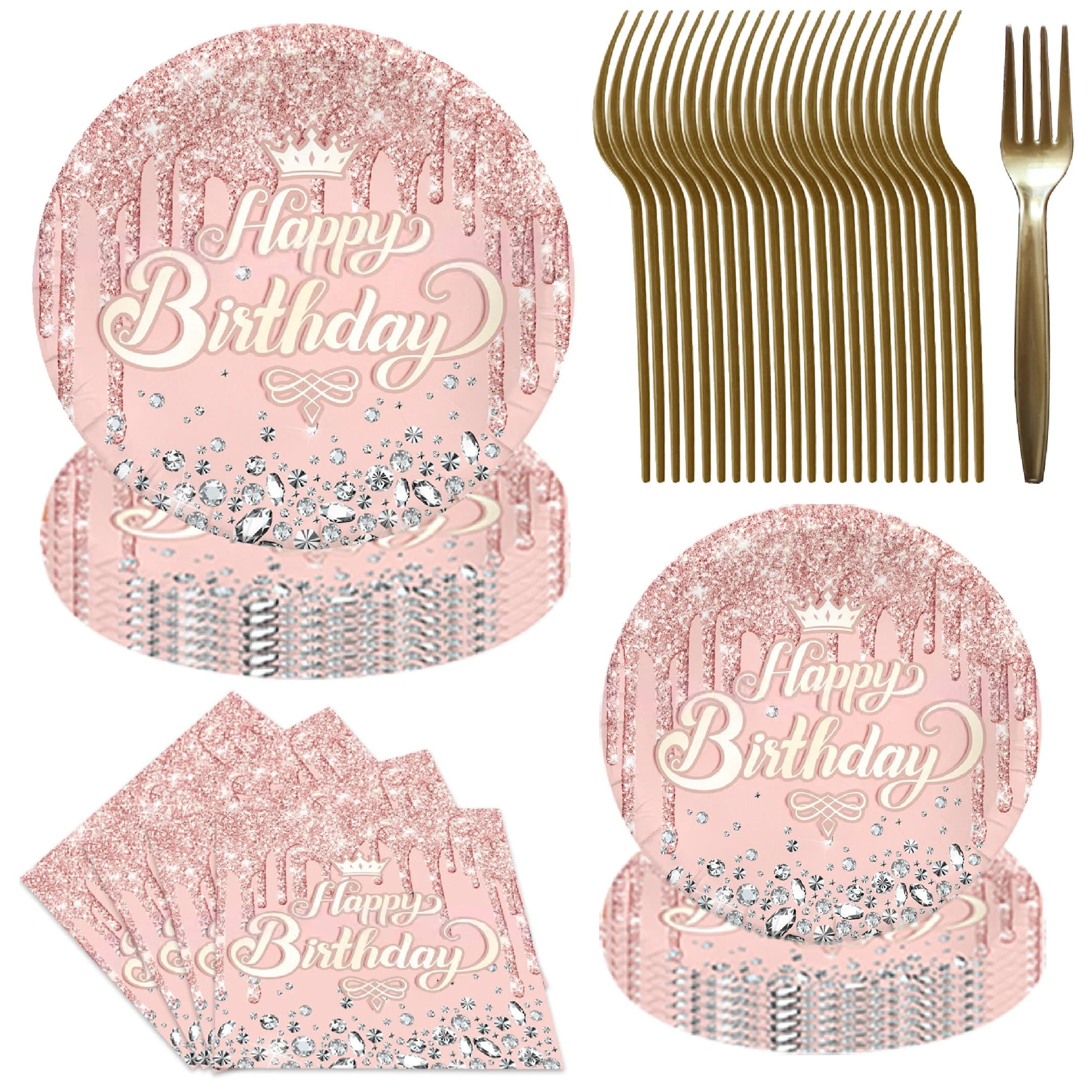 SZITW Birthday Party Tableware Set - 92PCS Pink Rose Gold Decorations for Women