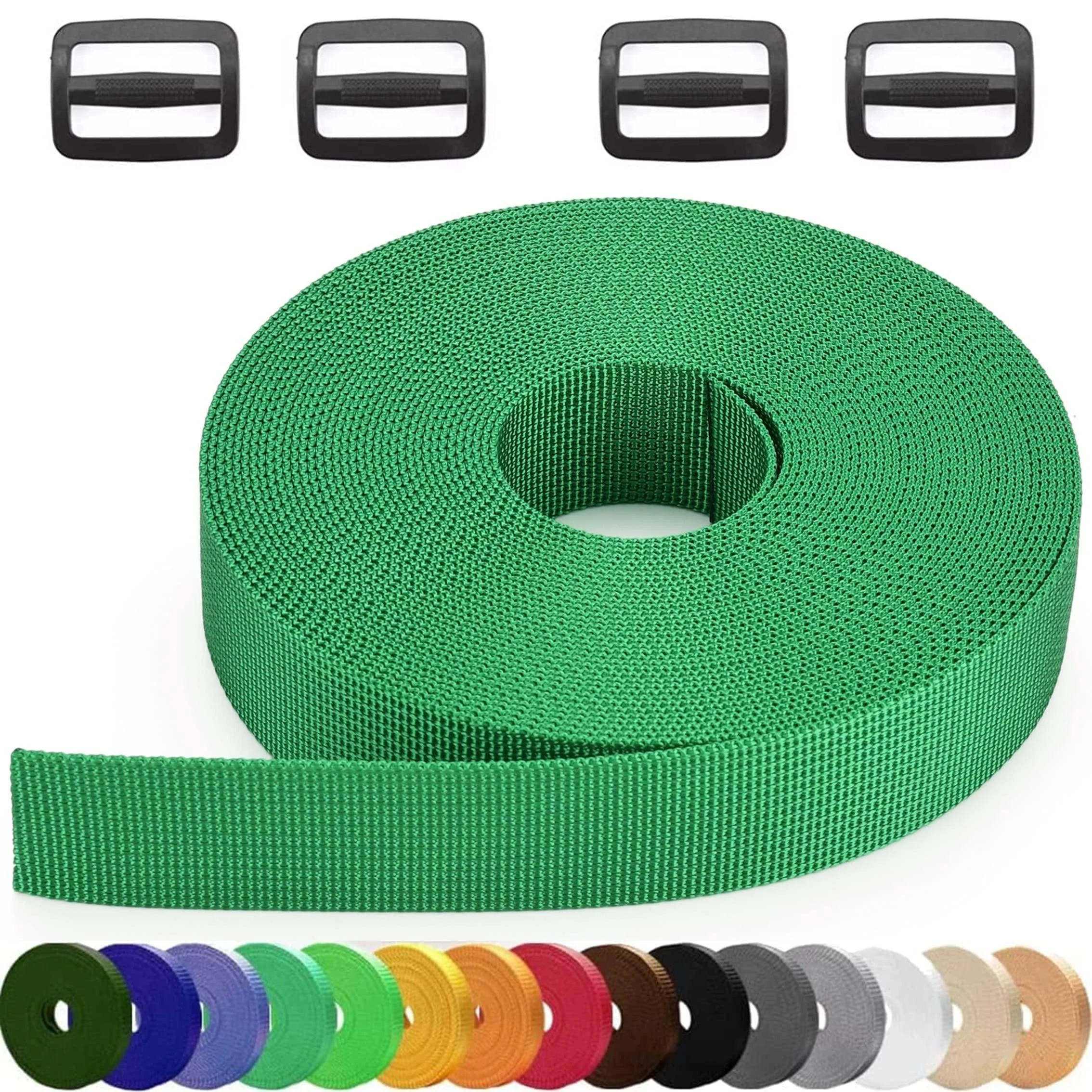 DEYACE 2 Inch Nylon Webbing Strap with Plastic Tri-Glide Slide Clips, 10 25 50 Yards Heavy Duty Nylon Strapping for Indoor or Outdoor Gear, DIY Crafting, Repairing 2" x 10 yards Green