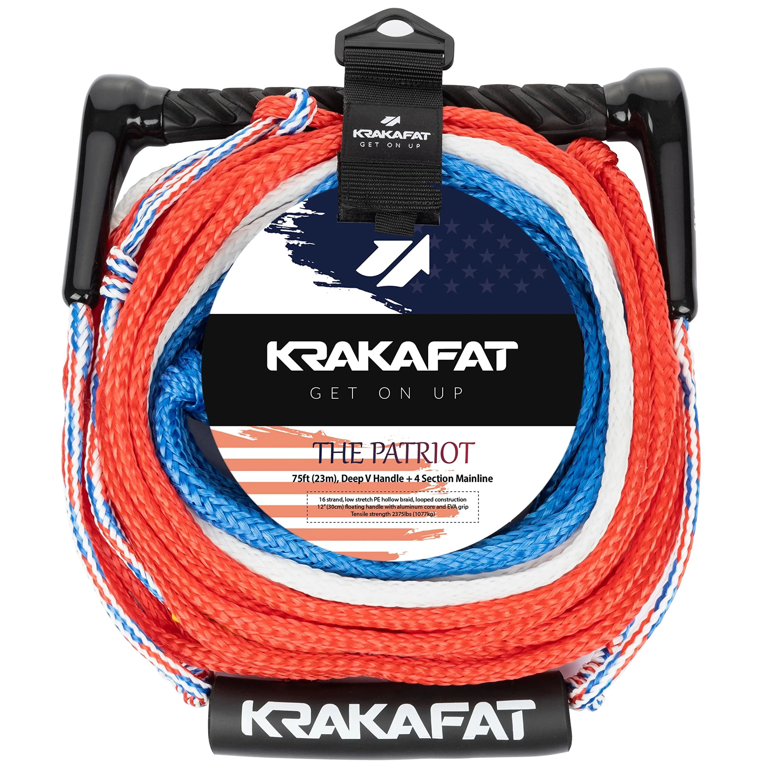 KRAKAFAT 75ft Water Ski Rope for Water Skiing comfortable 12" EVA Grip Deep V Handle Bridle + 4 Section Adjustable Mainline 1-2 Rider Tube Tow Rope for Tubing Perfect Boat Tow Rope for Kneeboard
