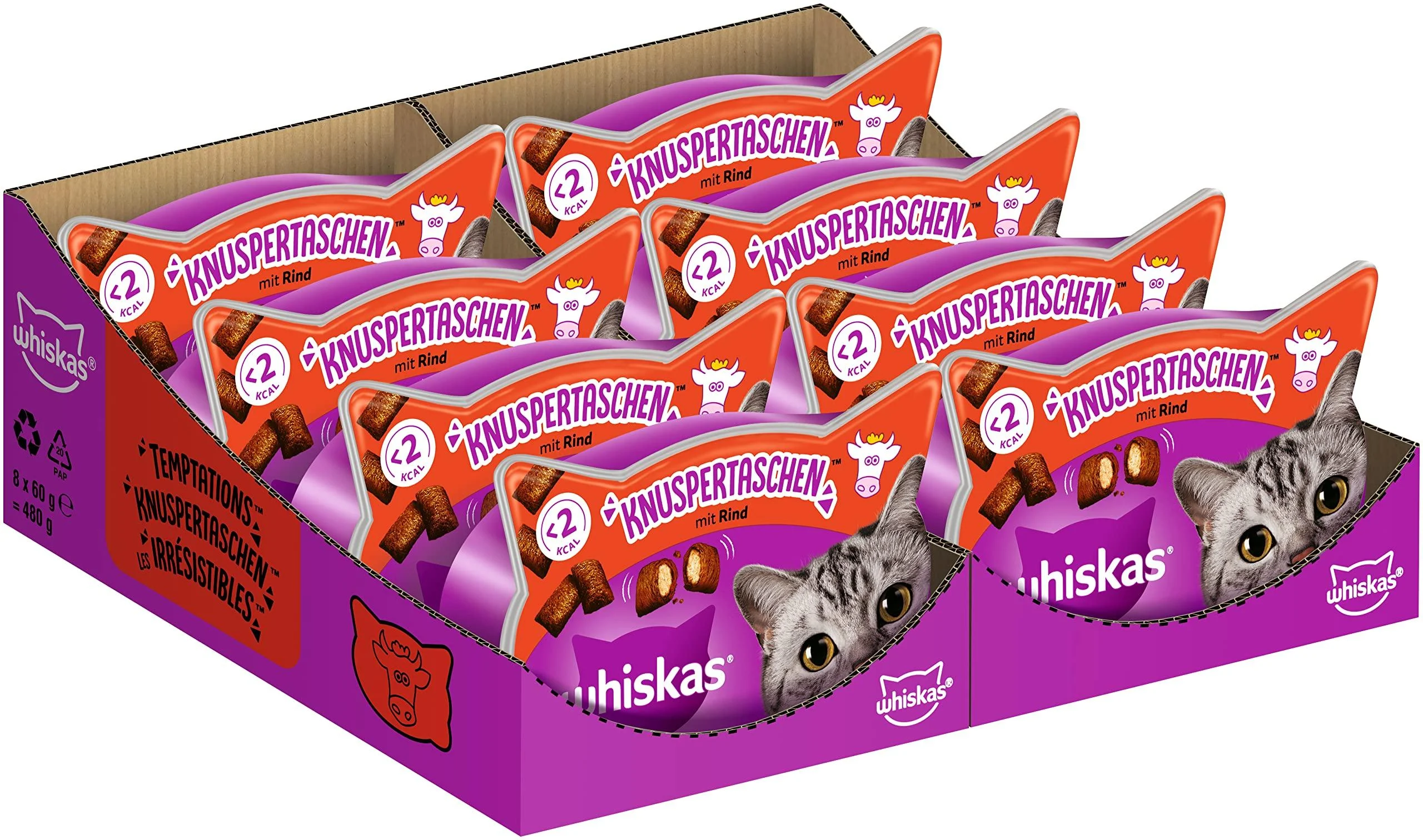 Whiskas crispy bags cat snacks with beef 8x60g (8 packs) - different product packaging available beef 480 g (1 Pack)