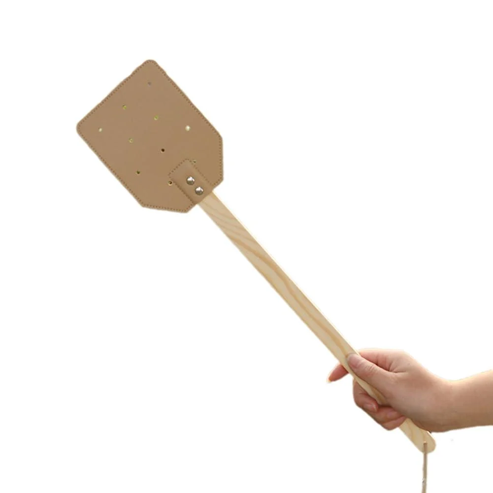 TAMOSH Yellow Wooden Stick Handle Mosquito Swatter Manual Fly Swatter PU Leather Mosquito Swatter