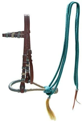 Showman Leather Bosal Headstall w/Teal Rawhide Braided Bosal & Teal Nylon Mecate Reins! New Horse TACK!