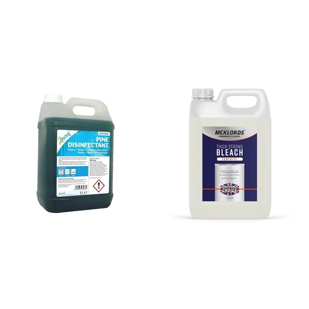2WORK 2W03986 5 L Pine Disinfectant Pack of 1 & McKLords Thick Strong Bleach 5 Litre + BLEACH Thick Strong Bleach