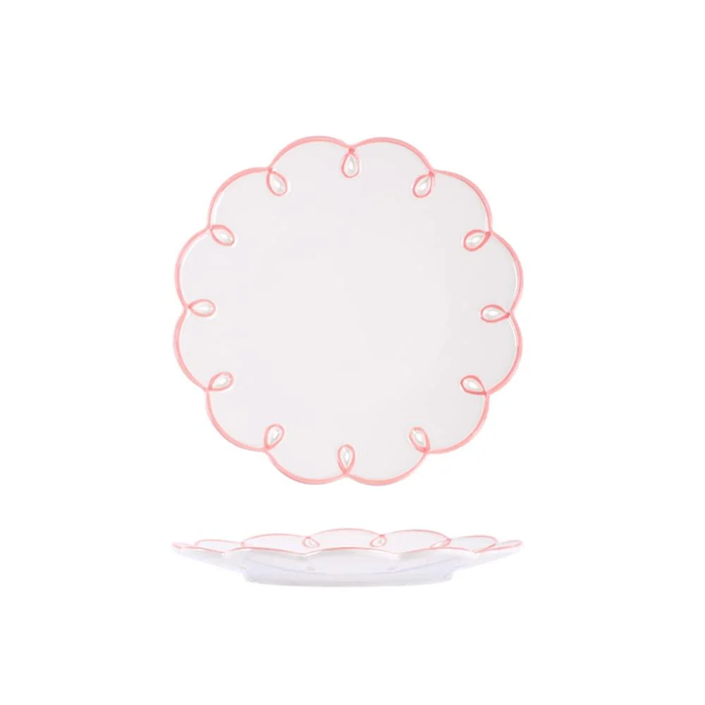 Dinner Plates Dinner Plate 8 Inches Pink Edge Design Flower Shaped Ceramic Dinner Plates-Set of 2-White Dinner Plates Kitchenware