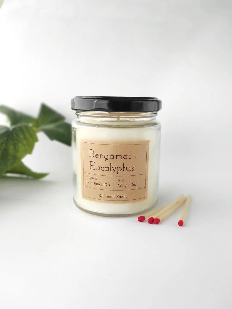 Eco-Friendly Bergamot Eucalyptus Candle, Hand Poured Vegan Soy Wax Candle, Eco Friendly Gift