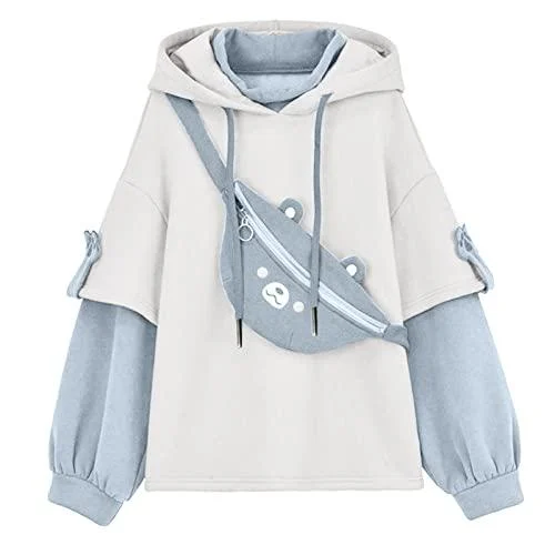 Attine Cute Bear Hoodies for Womens Kawaii Brown Sweatshirt Patchwork Long Sleeve Pullover Costume with Personality Bag A02-blue 5X-Large