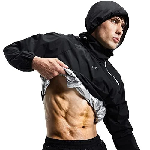 BVVU Sauna Suit for Men Women Zipper Sweat Sauna Jacket Pant Gym Workout Sweat Suits with Hood Slimming Training Bodyshaper 2pc-jacket&pants(black) X-Large