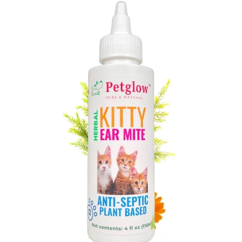 Petglow Ear Mite Treatment for Cats. Organic Herbal Drops Cat Ear Infection Cleaner for Mites.