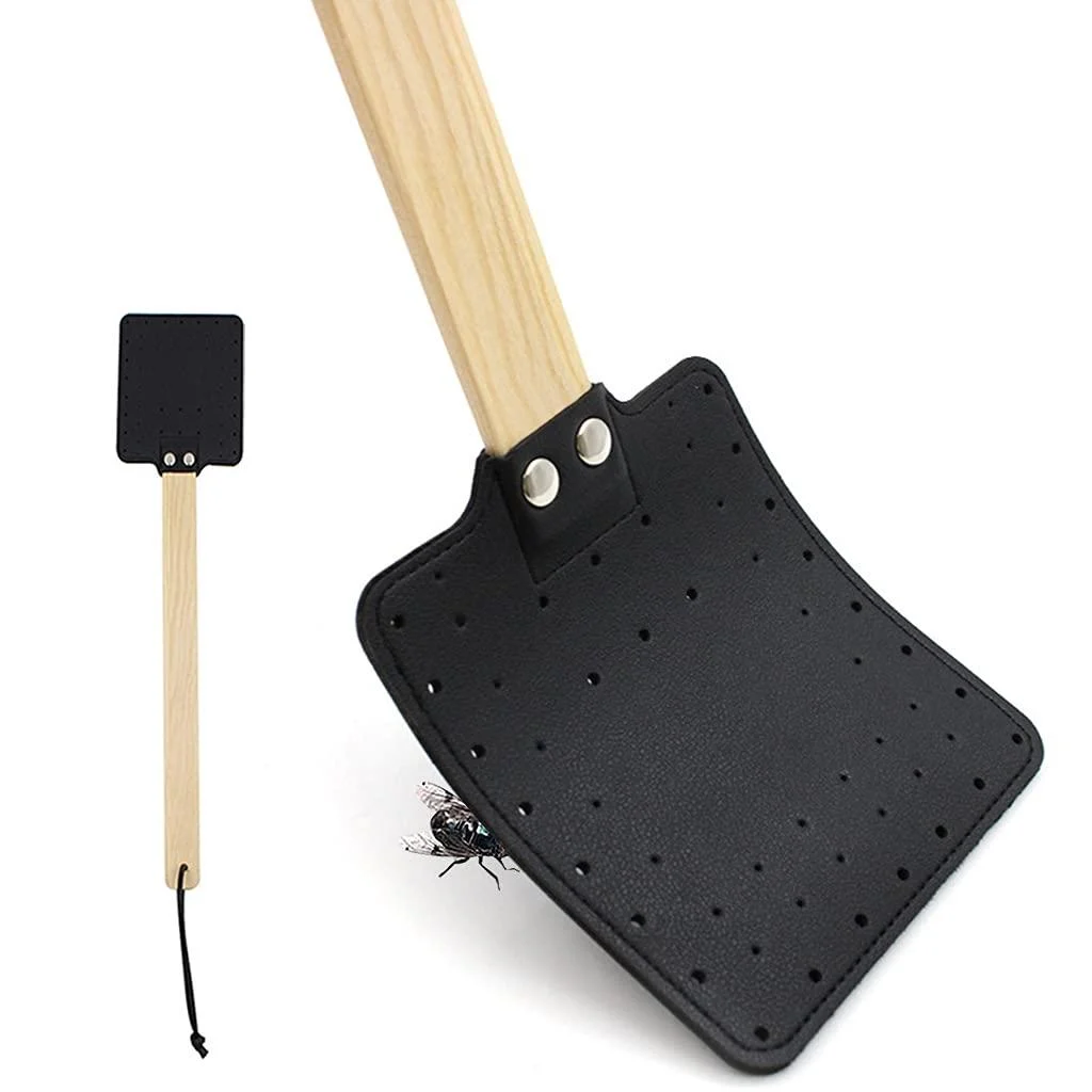 Keaiduoa Leather Fly Swatter Fly Swat Heavy Duty Insect Mosquito Wasp Pest Control Rustic Design with Long Wooden Handle Black