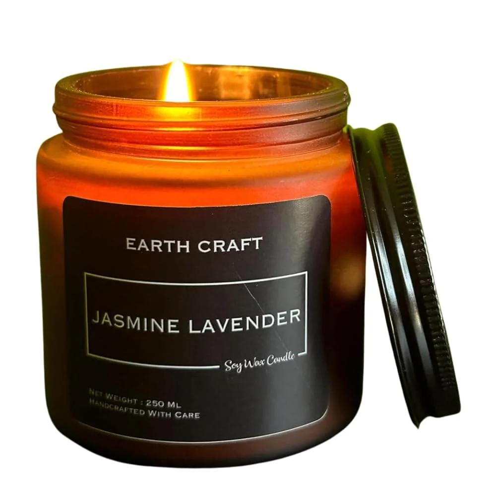 EARTH CRAFT Aromatherapy Scented Candles for Home - Aromatic Handmade Soy Candles for Decor, Bedroom, Bath for Pure and Natural Aroma - Non Toxic & Smokeless - Jasmine Lavender Aroma, Amber