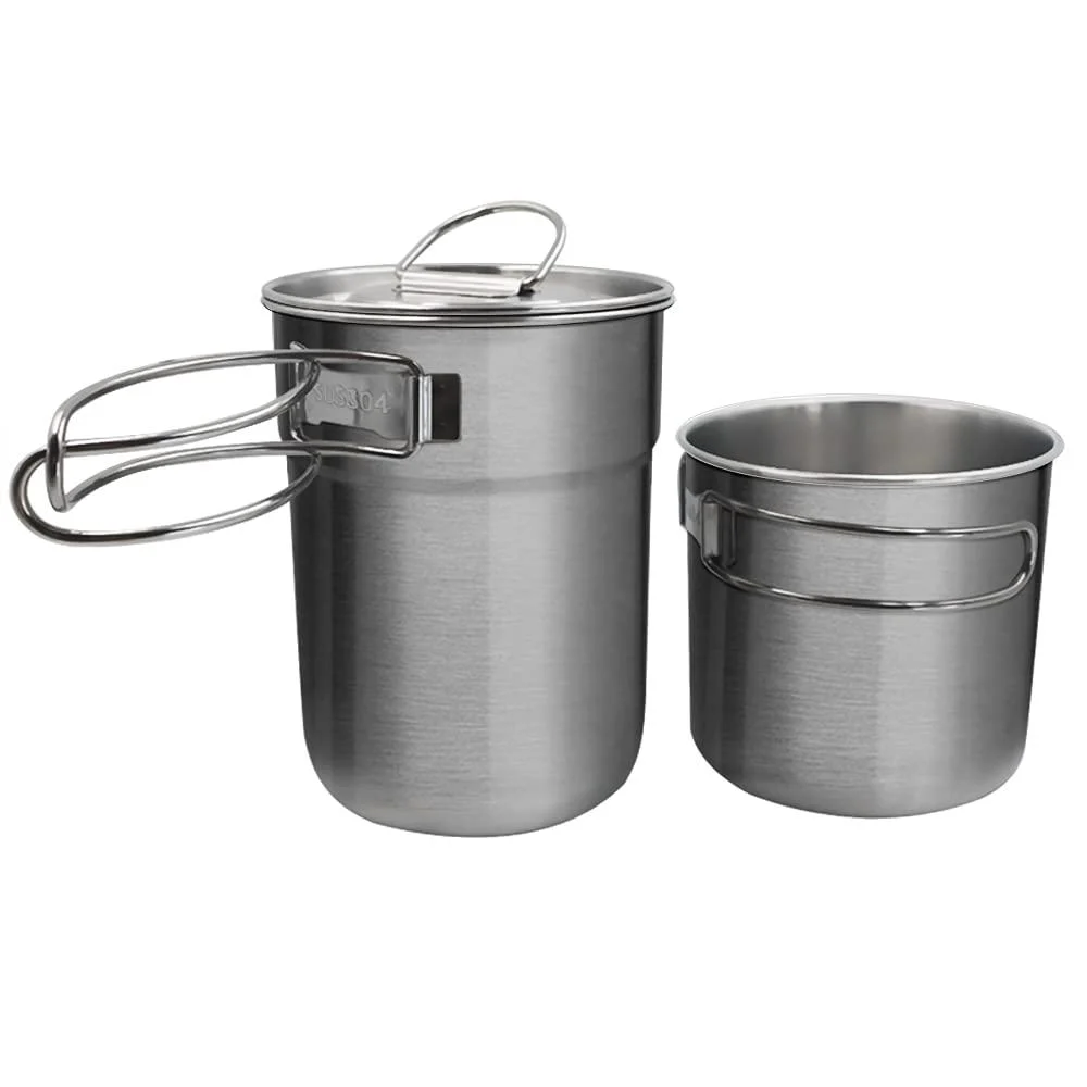 2Pcs Foldable Camping Cups and Mugs Pot 304-Food-Grade Stainless Steel Outdoor-cookware-Set with Vented lid 33oz Big+24oz Small