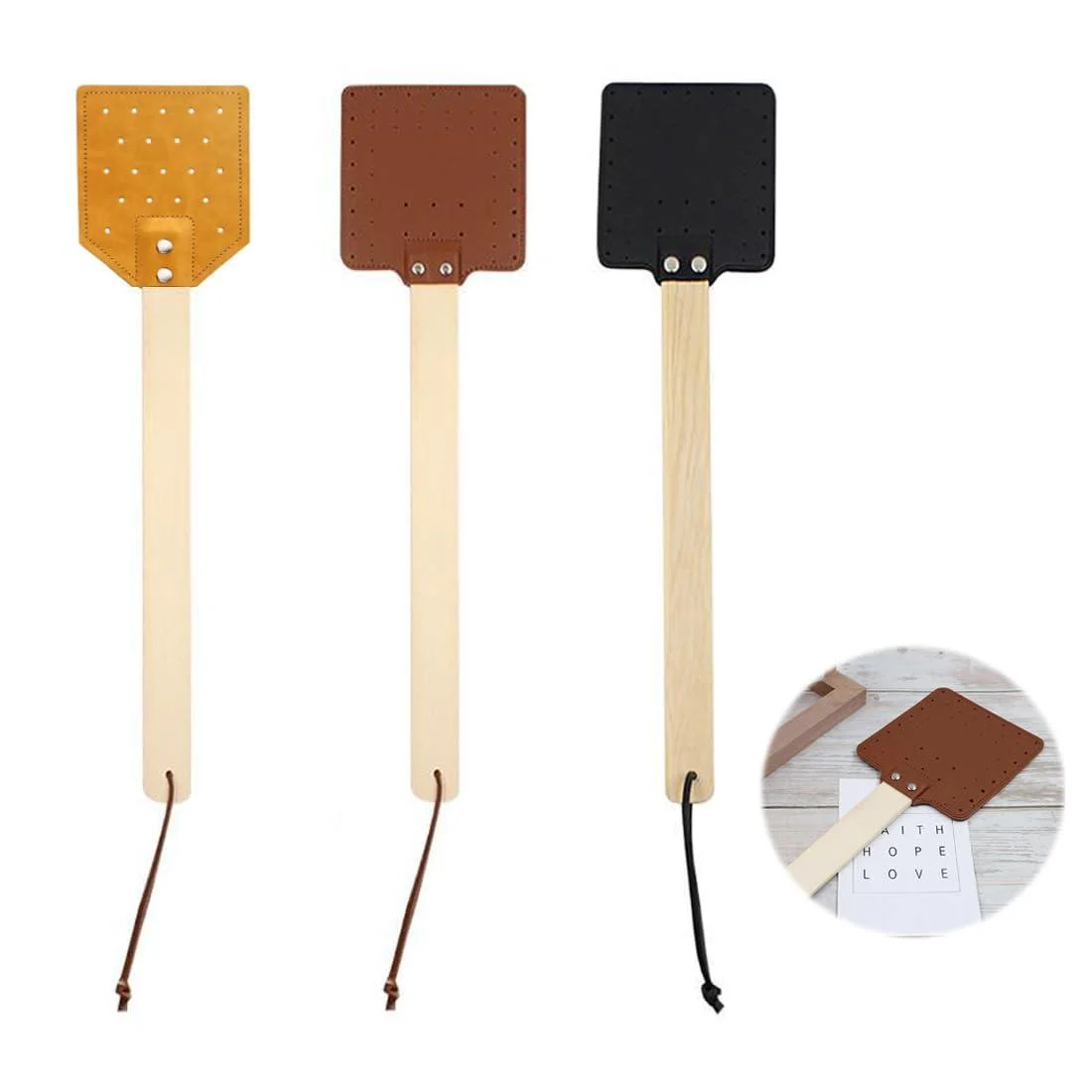 Leather Fly Swatter 3 PCS Durable Wooden Handle Washable Leather Fly Swatte Good for Indoor and Outdoor Bugs Flies Wasps - FANAO