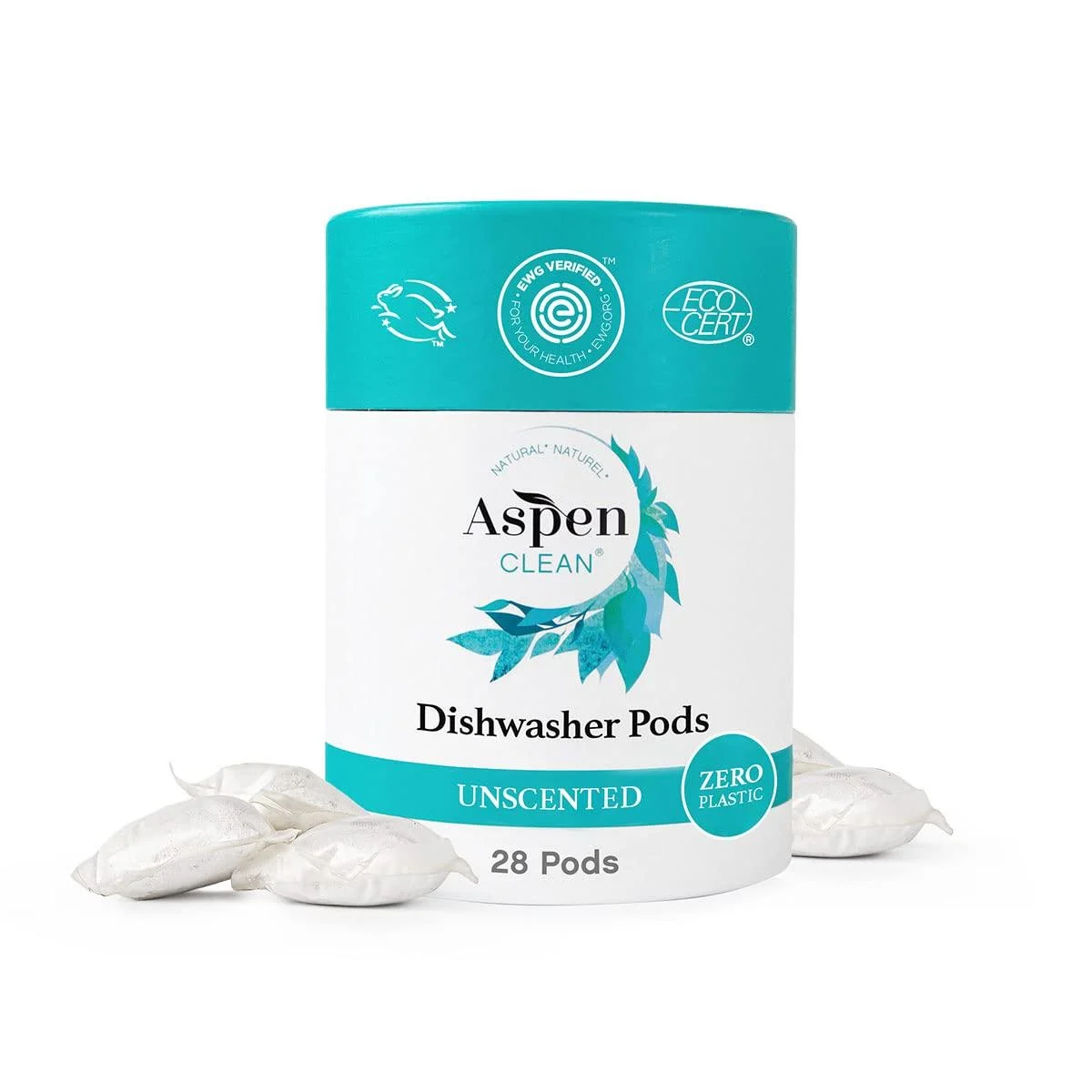 Unscented Dishwasher Pods by AspenClean, New and Improved Packaging, Zero Plastic, Vegan, Eco-Friendly, Natural Dishwasher Detergent, EWG Verified - 28 Count