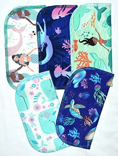 2 Ply Printed Flannel 8x8 Inches Set of 5 Mermaids and Friends - Gina's Soft Cloth Shop