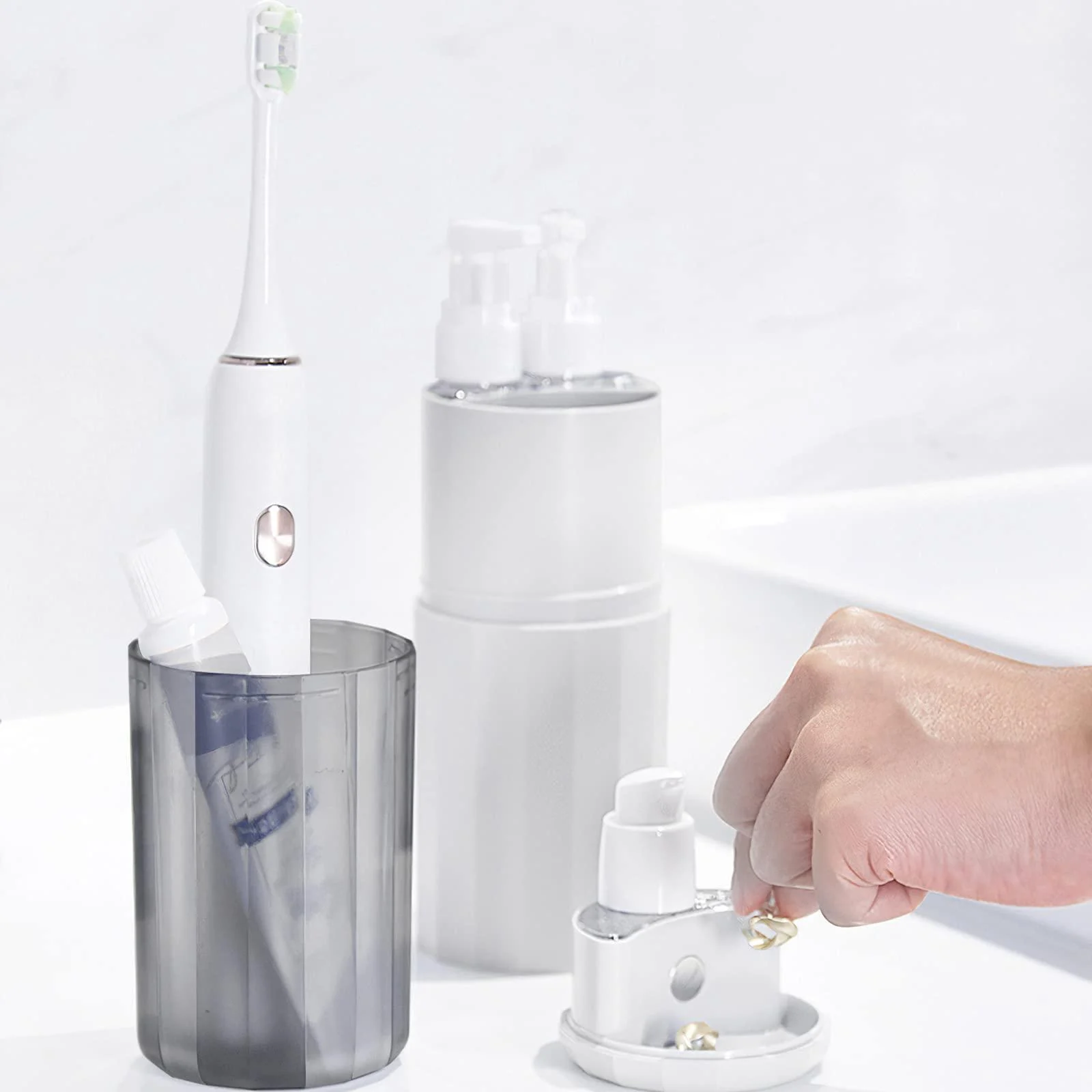 Travel Toothbrush Cup 6 in 1 Wash Set Storage Case Multi-layer Classified Shower Bottle Case for Journey Gym Business Trip (white)