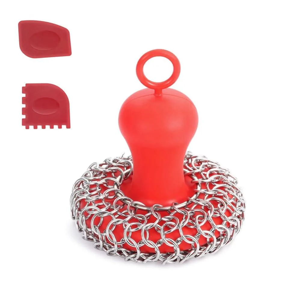 ciyeu Cast Iron Chainmail Scrubber + Pan Stainless Steel Skillet Cleaner Scraper Tool for Cast Iron Pans Washable Red