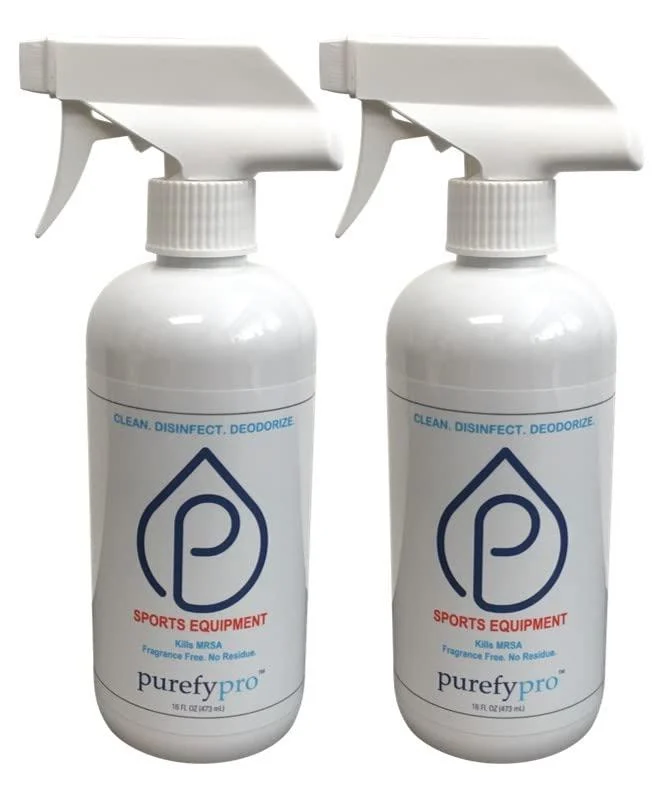 Purefypro Sports Equipment Disinfectant Spray - (16oz, 2pk) Kills 99.9999% MRSA, HIV, Athlete Foot Fungus, Virus and Fungi. No Rinse, No Residue. Great For Sports Pads, Yoga Mats, Shoes, Boxing Gloves and Gym Equipment