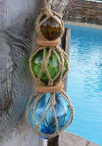 Roped Buoy Set with 3 Glass Buoys Natical Decor - GSM