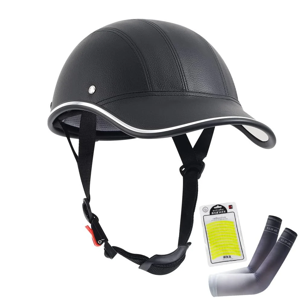 Bike Helmet Bicycle Baseball Helmets,Cycling Safety Sunshade Helmet,Adjustable Safe Strap,Lightweight ABS Leather,for Adult Women Men Black with 12PCS Reflective Sticker&Ice Arm Sleeves - Wdbobyi