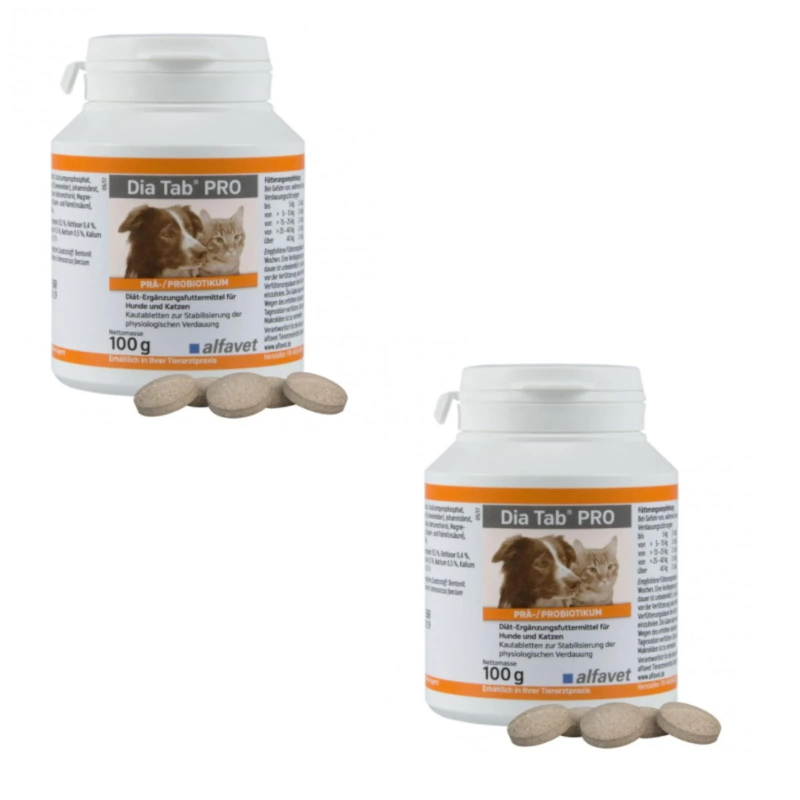 Alfavet Dia Tab Pro double pack diet supplementary feed for dogs and cats chewing tablet prebiotic probiotic 2 x 100 g can approx. 50 tablets 2 x 100g