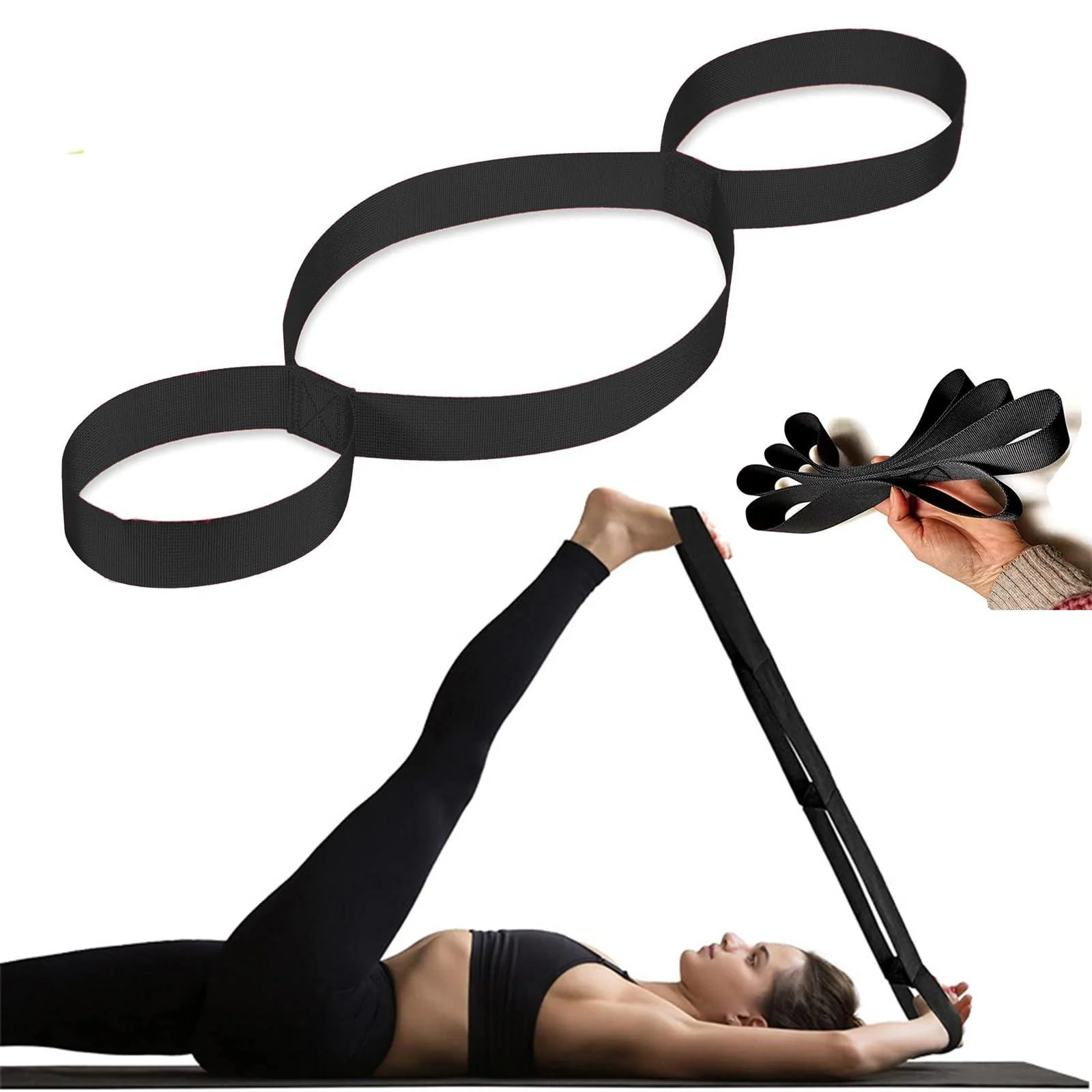 Laufe - Stretch band Stretching - YogaGurt for Yoga Pilates & Fascia Training - A total of approx. 75cm long - 3.8cm wide - Dehnhilfe + sustainable pain therapy & bottleneck stretching - 3 rings black