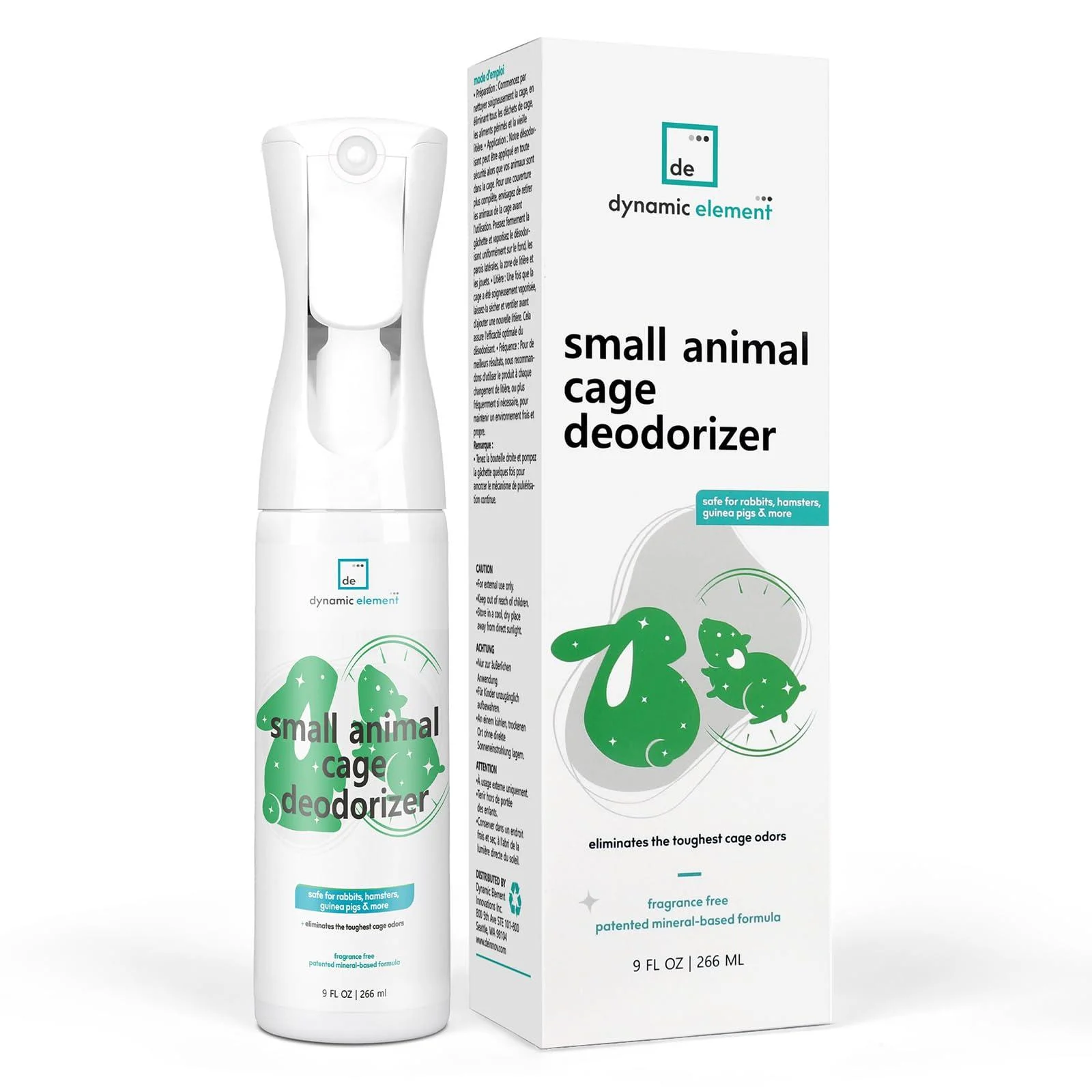 Dynamic Element Small Animal Cage Deodouriser Spray Unscented Mineral-Based Formula Decompose Small Animal Waste Odour Molecules - Urine Smell Remover from Hamsters Rabbits Guinea Pigs 266ml