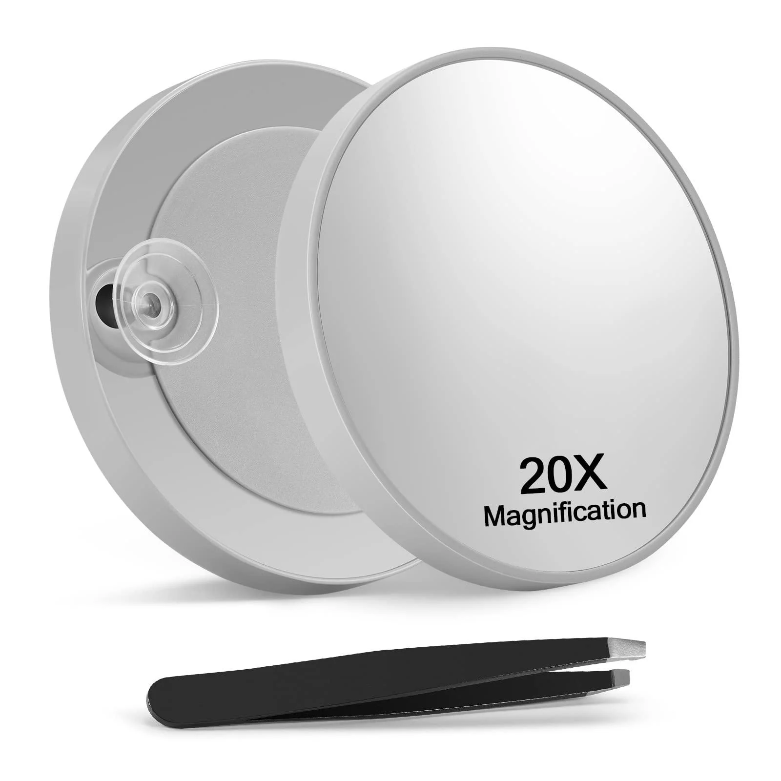 Macaki 20X Magnifying Mirror 8.8cm Magnified Makeup Mirror and Slant Tweezers with 2 Suction Cups Grey 1PCS Gray 20X