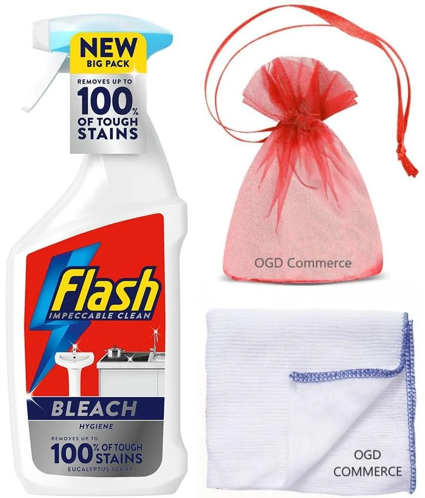 Flash with Bleach Multi Purpose Cleaning Spray 800ml Eucalyptus Scent + for You: Cleaning Cloth + Organza Small Bag - OGD COMMERCE